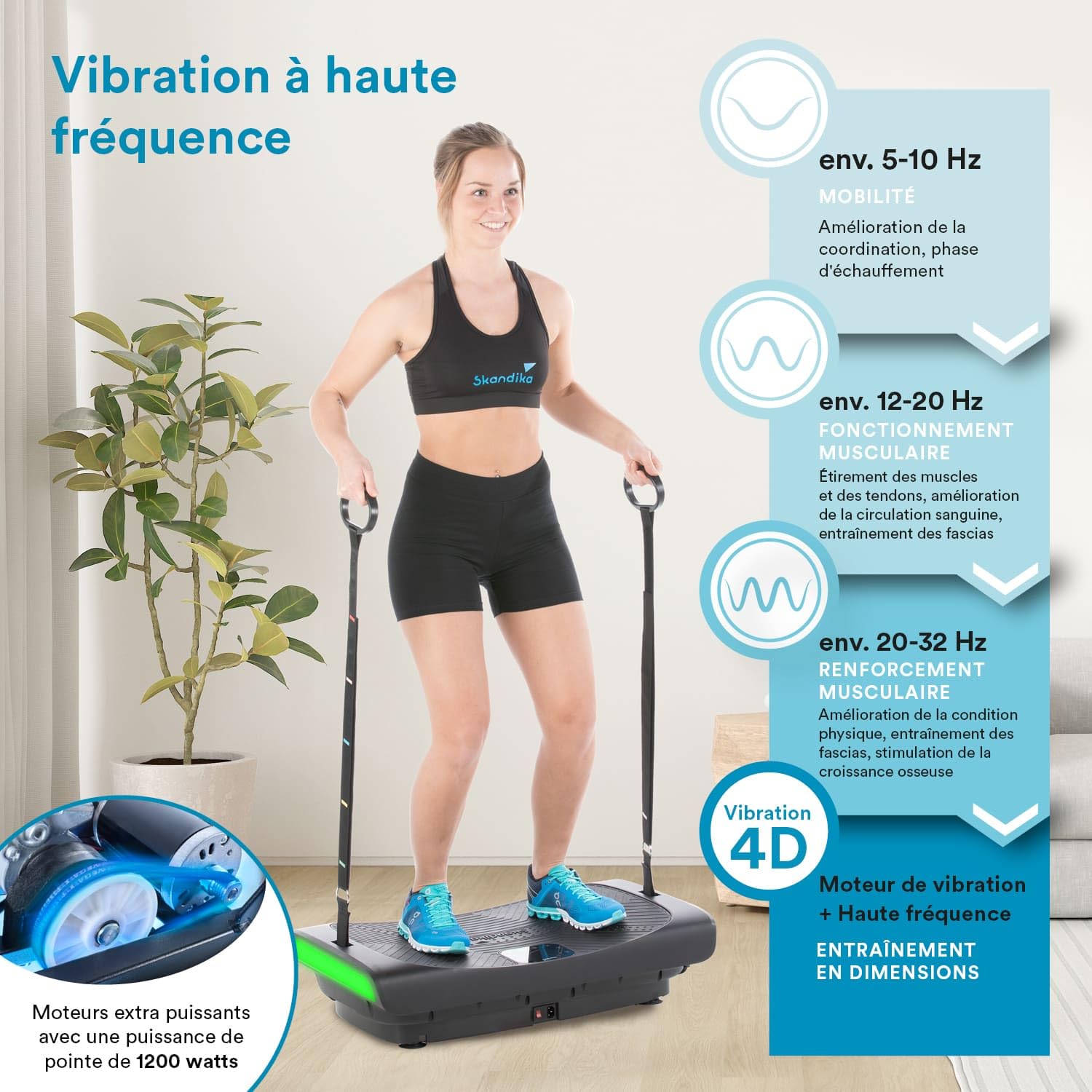 Skandika Platforma wibracyjna 4D V3000 | Zakrzywiona platforma wibracyjna, technologia Smart LED, trening wideo, głośnik Bluetooth i paski treningowe | Domowe urządzenie fitness