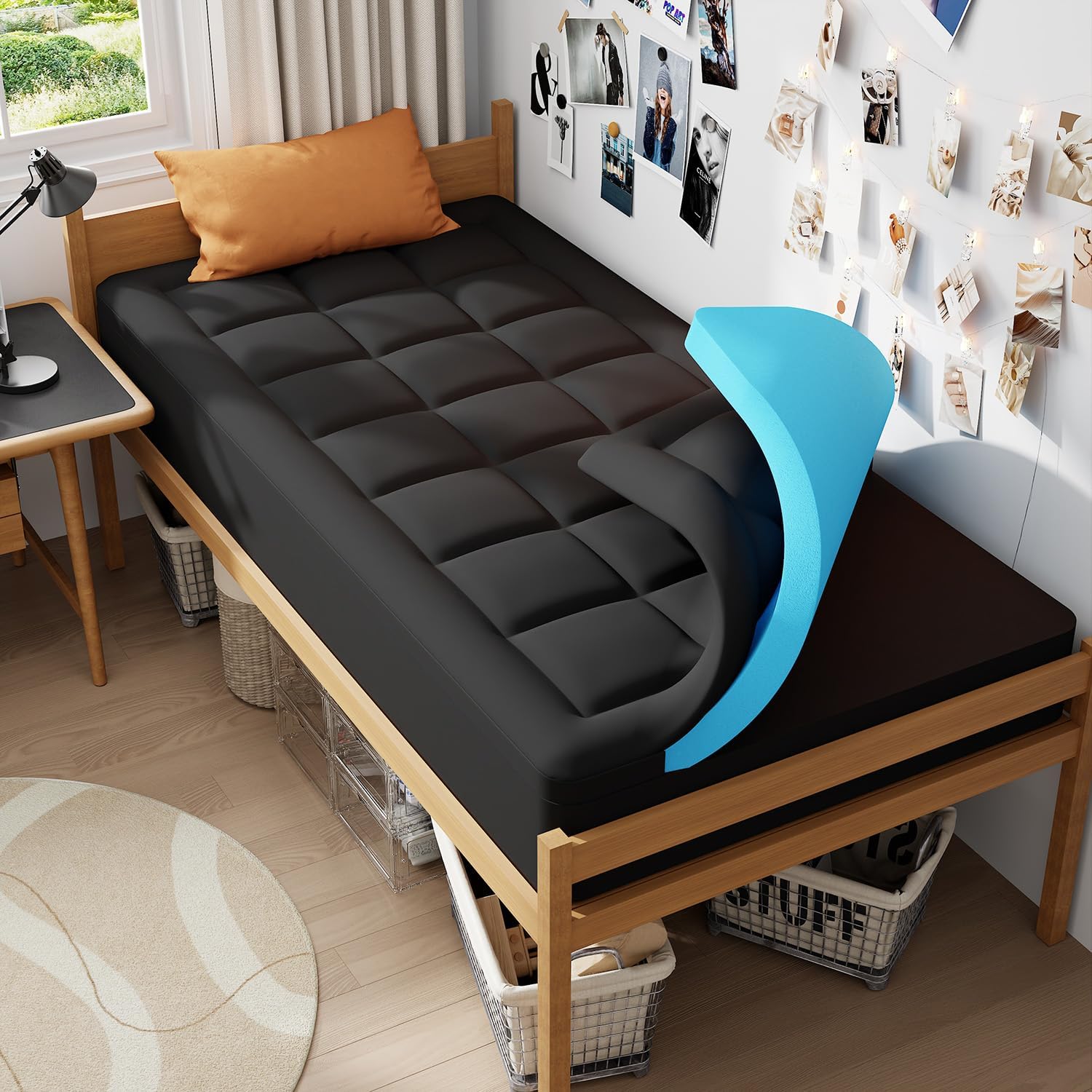 ELEMUSE Black Memory Foam Mattress Topper with Fluffy Pillow Top Cover, Mattress Topper Single Bed for Back Pain Relief, with OEKO-TEX & CertiPUR-US (Single Size-90x190cm)