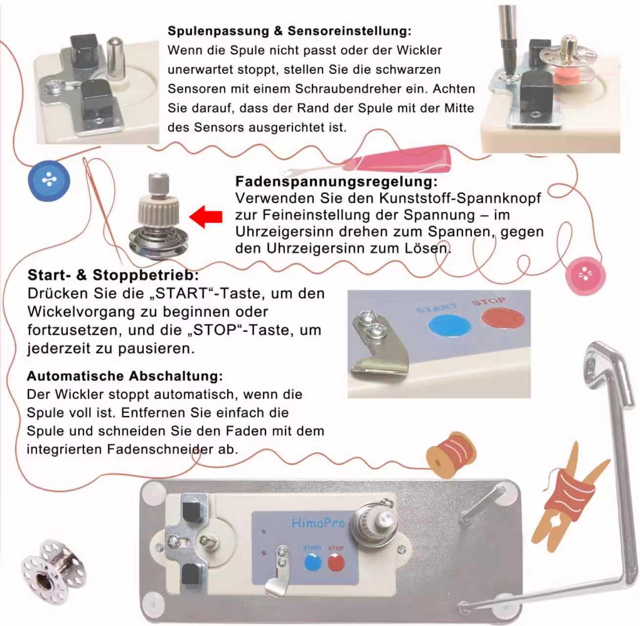 HimaPro Elektrischer Spulenwickler für Nähmaschinen – Automatischer Bobbin Winder mit verstellbarer Spulenaufnahme für schnelles und effizientes Aufspulen