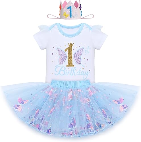 IDOPIP - Conjunto de cumpleaños número 1 con mariposas para bebé niña, con lentejuelas, pelele con mariposas, falda de tutú, diadema, disfraz para