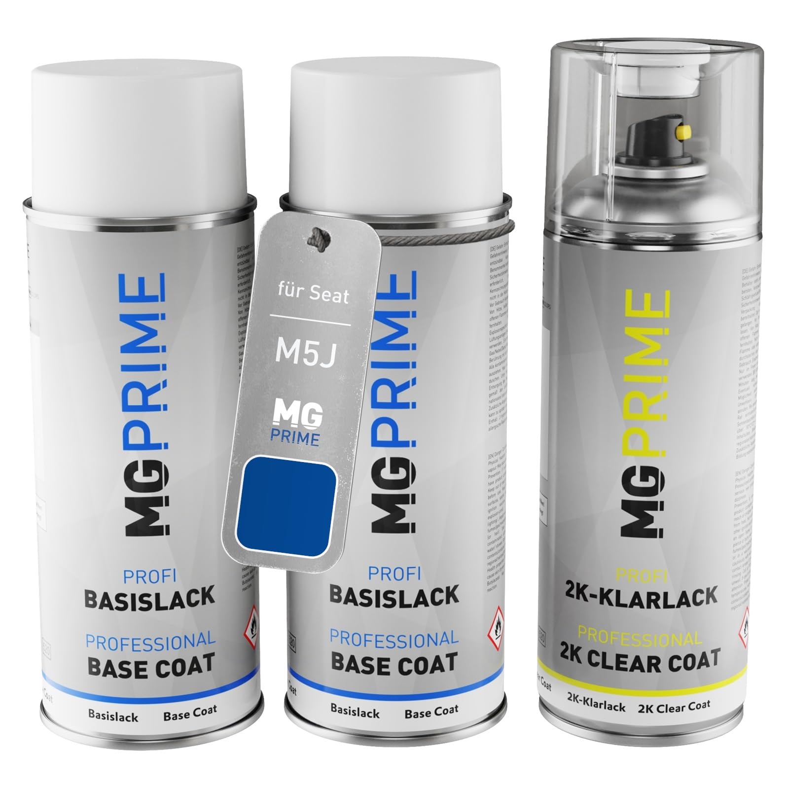 MG PRIME Lakier samochodowy Zestaw puszek z lakierem w sprayu 2K dla Seat M5J / N1 Saphirblau Metallic/Sapphire Blau Lakier bazowy 2 komponenty Lakier bezbarwny w sprayu