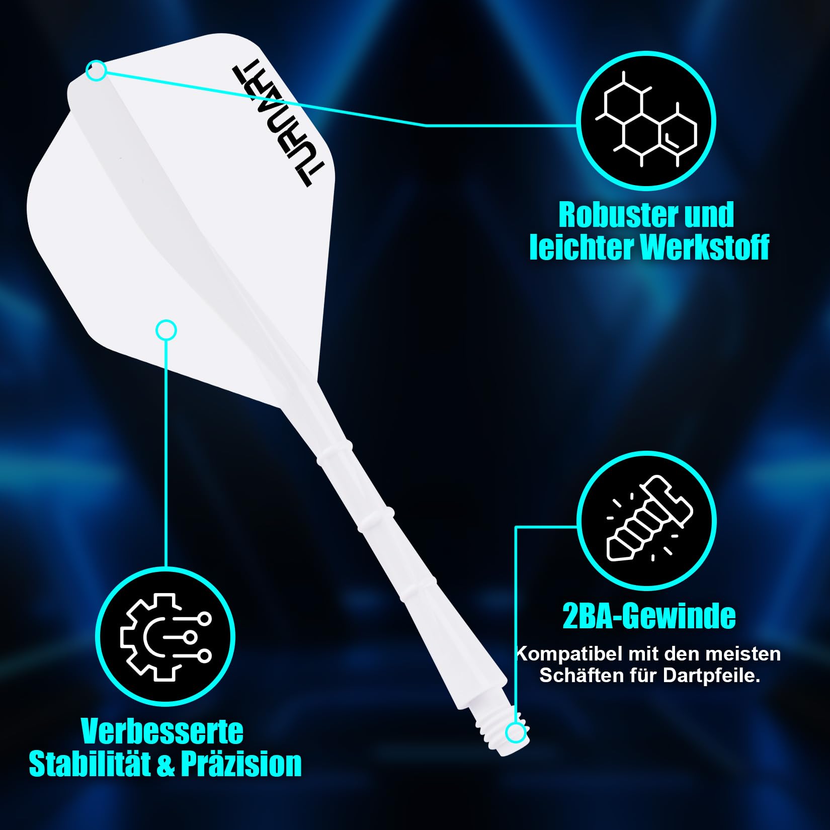 Turnart Rzutki do darta zintegrowane lotki i shafty 2BA nr 2 Shape i Medium Design One Moulded Dart Flight do wszystkich rzutek