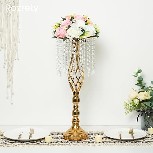 Miniatura 5 de Centros de mesa dorados para mesa de boda, soporte de flores de cristal de metal de 21.6 pulgadas de alto, centro de mesa para fiestas, eventos,