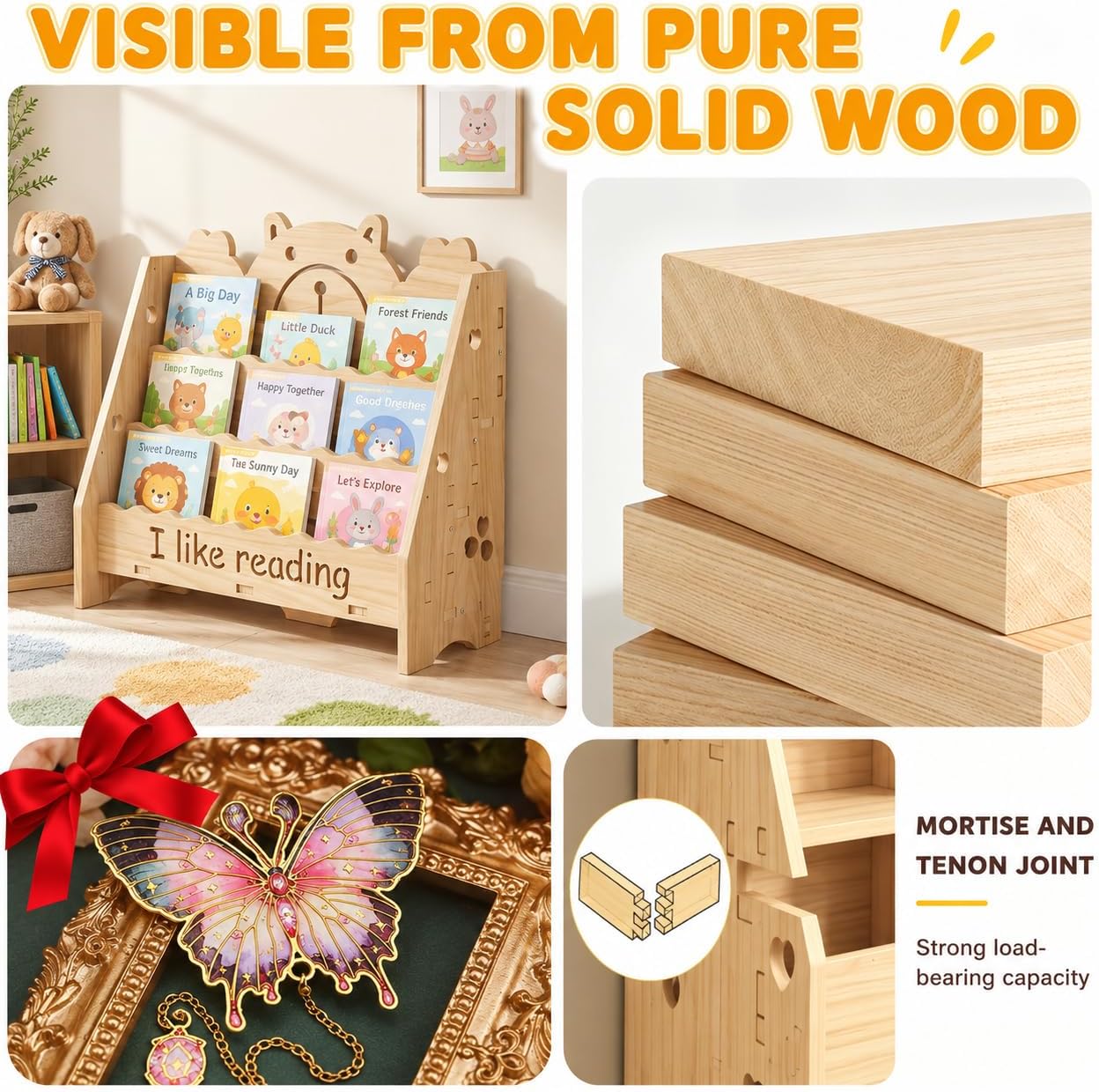 3-Tier Montessori Kids Bookshelf Organizer, Wooden Bookcase for Toddlers