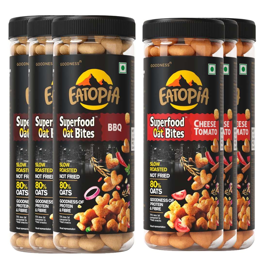 Eatopia 3 BBQ & 3 Cheese Tomato Oat Bites | No Maida, Non-GMO, Not fried, Whole Grain | Gluten Free Oats | High Protein & Fiber | Healthy Diabetic Snacks | Healthy Snacks for Weight Loss | Pack of 6 (Pet Jar) (B0CLDY9TJY) Amazon Price History, Amazon Price Tracker