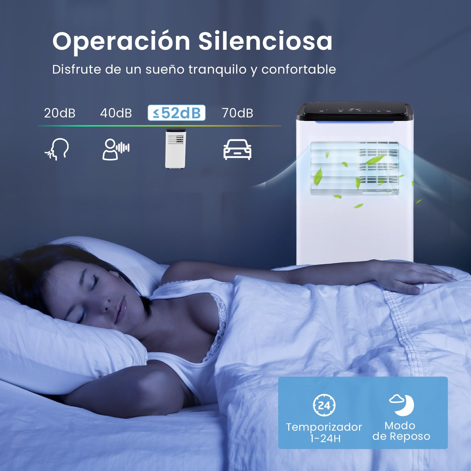 COSTWAY 9000 BTU Aire Acondicionado Portatil Silencioso, 5 en 1 Aire acondicionado móvil, Ventilador y Deshumidificador, Modo Nocturno, 24H Temporizador, Control Remoto/Pantalla/Wifi, 20 m² — view 5