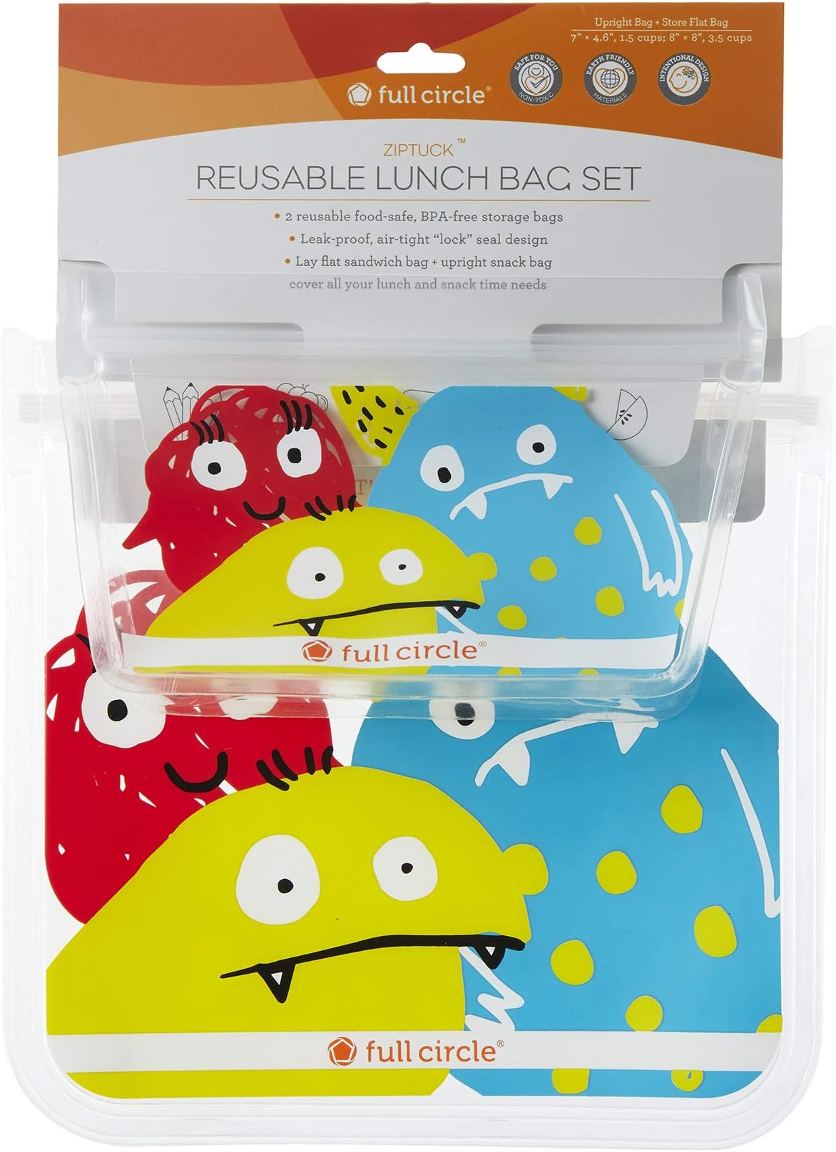 Full Circle ZipTuck Kids, Reusable Lunch Bags, 2 Pack, Monster