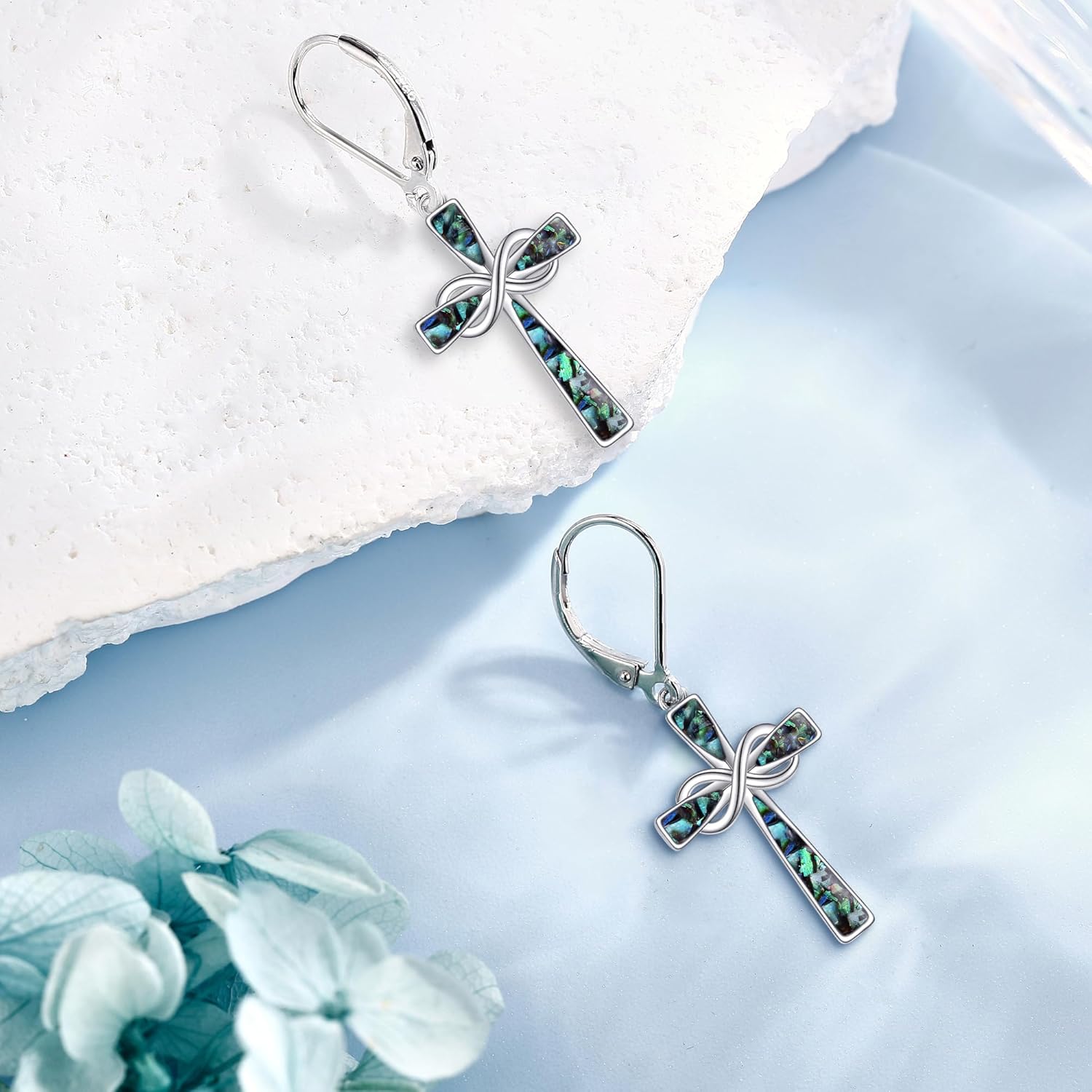 Infinity Cross Earrings S925 Sterling Silver Abalone/Turquoise/Opal Dangle Earrings Leverback Christian Jewelry For Women Lover Mother Gifts - Image 2