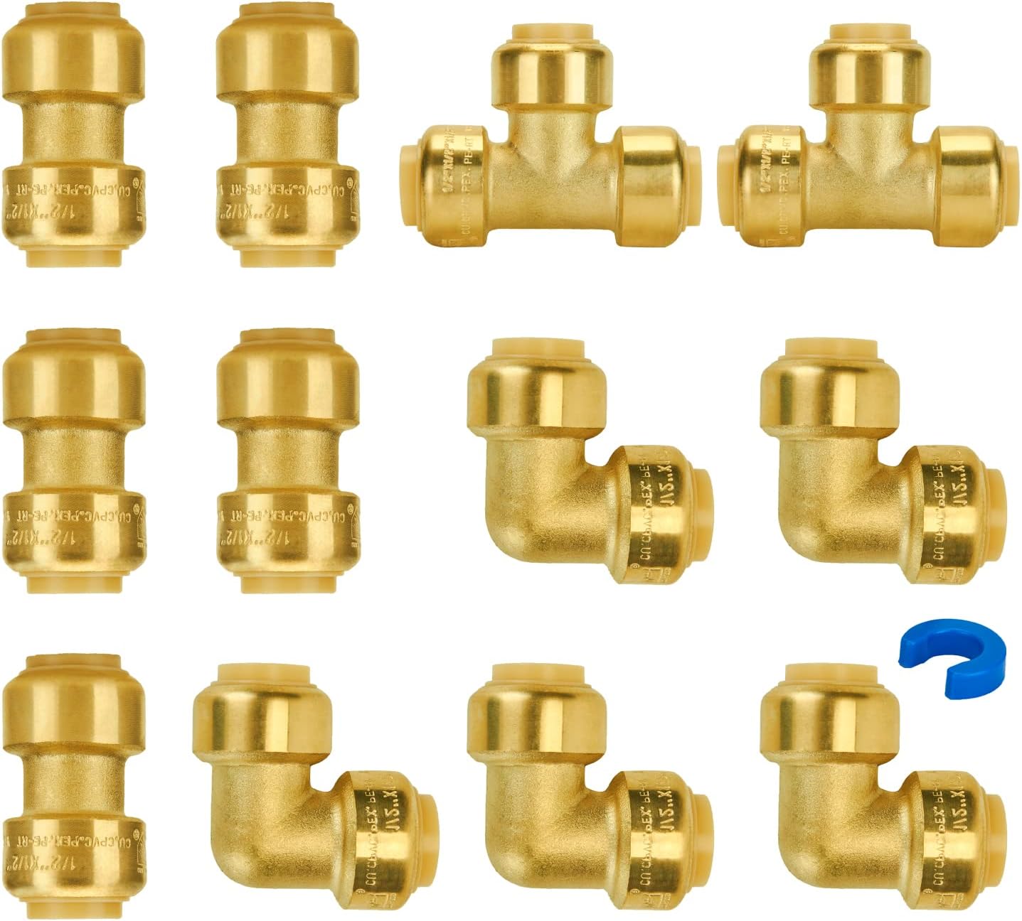 SUNGATOR Plumbing Fittings 1/2 Inch, Push Pex Fittings 1/2 Inch, 5 Each Coupling and 90 Degree Elbow, Tee(2 PCS), No Lead Brass Push to Connect Pex Pipe,Copper,CPVC, with 1 Disconnect Clip, Pack of 12