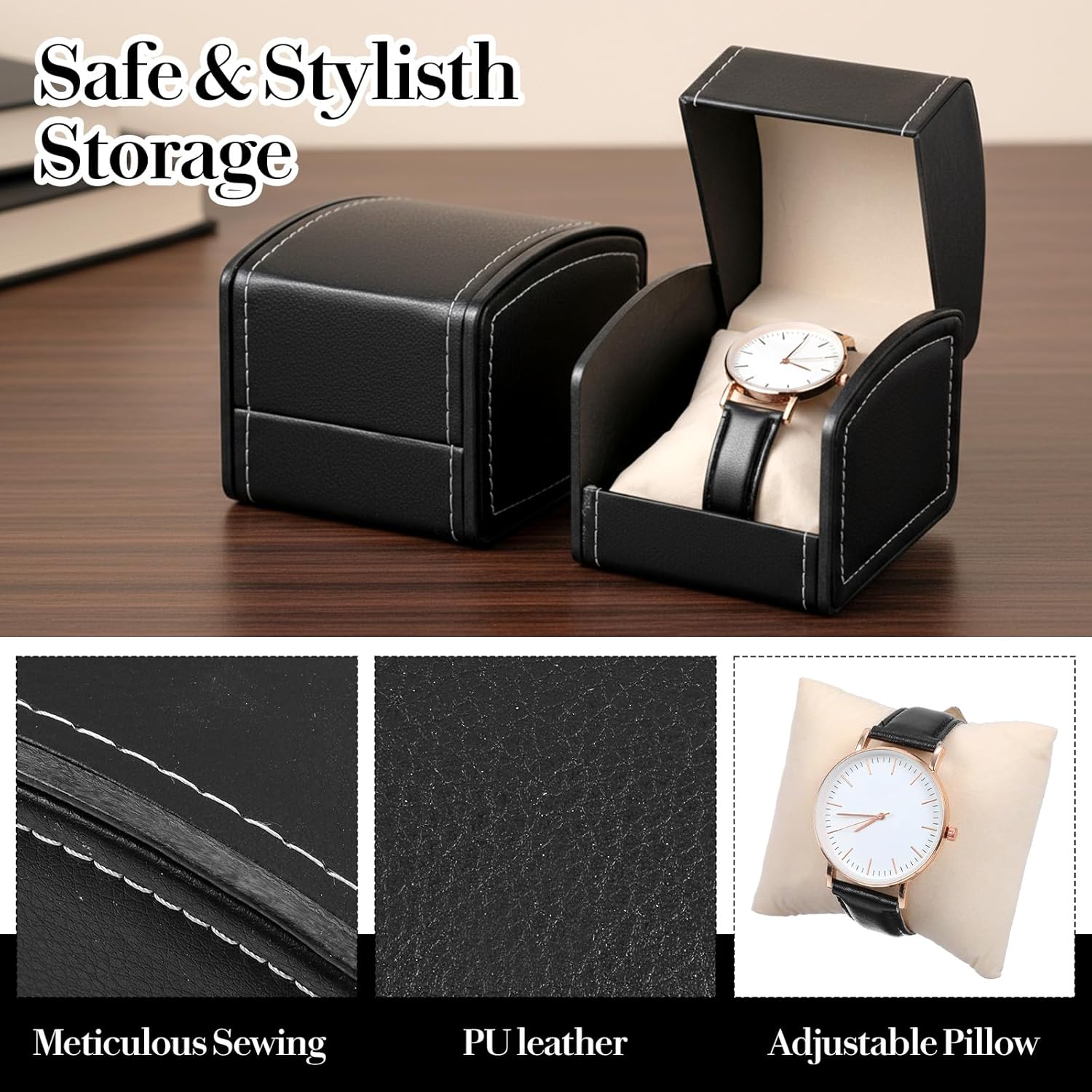 10 Packs Single Grid Watch Box with Pillow, PU Leather Gift Case for Bracelet, Jewelry Wristwatch Storage, Watches Display Holder for Men and Women, Single Watch Roll Organizer, Black