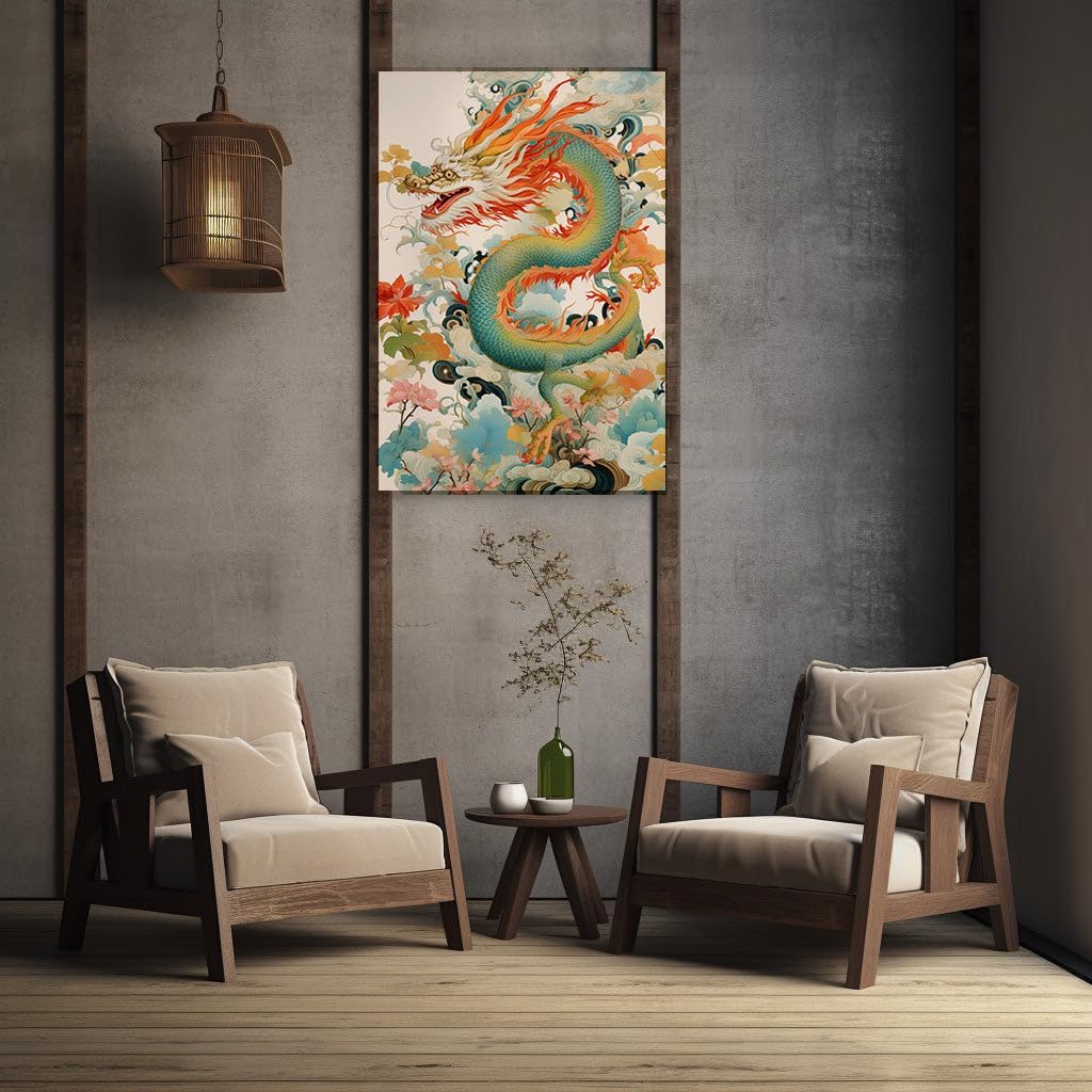 Canvas for Living room. Soaring Majesty: A Green Dragon's Flight Through the Floral Skies, 27 x 18 inch Canvas Wall Art - Ready to Hang - 69x46 cm (27x18 inch)