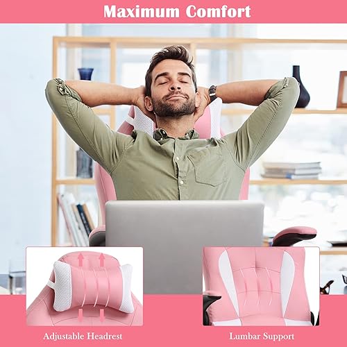 Miniatura 28 de Silla de videojuegos, silla de computadora de piel sintética ajustable con reposacabezas soporte lumbar, brazos y ruedas abatibles, silla de oficina