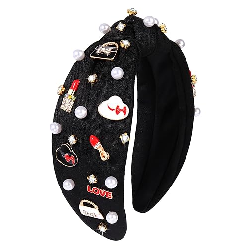 Diademas anudadas para mujeres y niñas, divertidas, maquillaje, lápiz labial, tacones altos, bolsos, sombrero, abalorio, perla de cristal, adornado