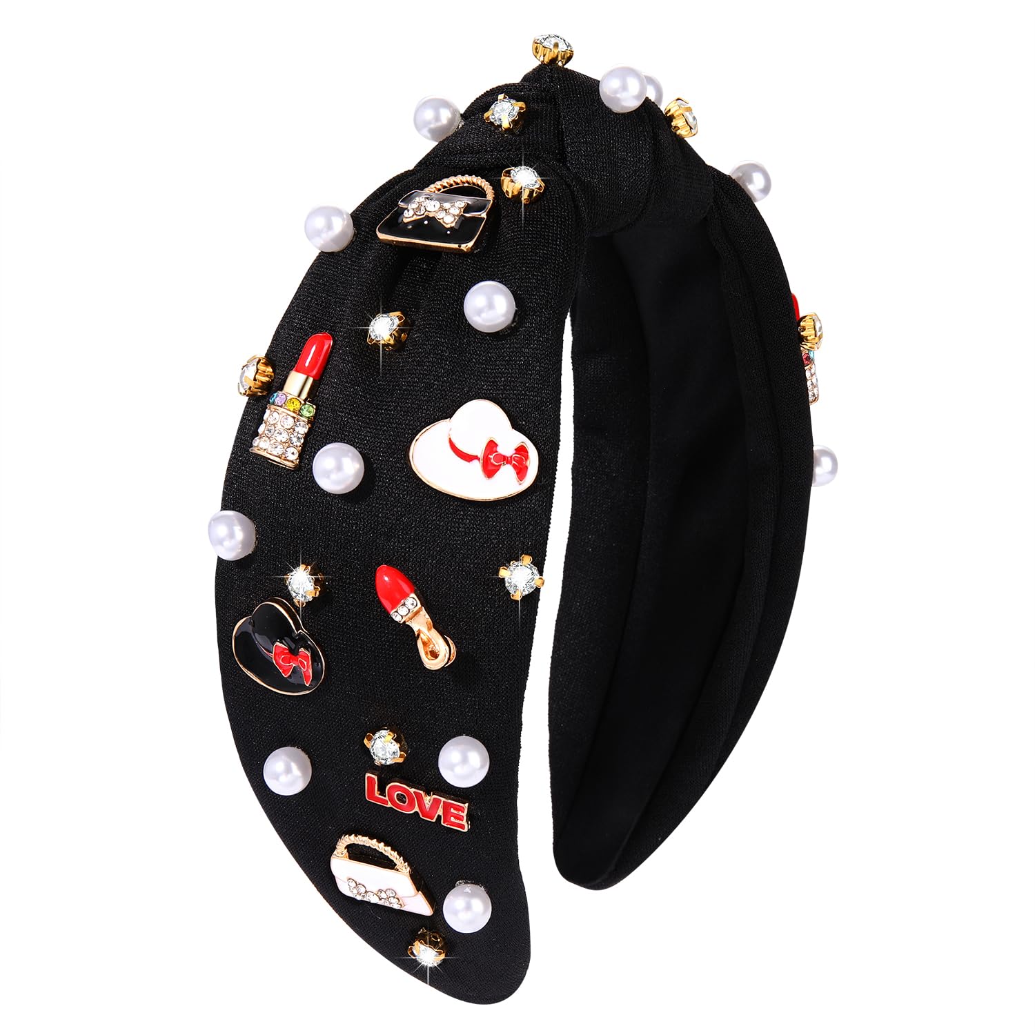 HSWEKnotted Headbands for Women Girls Funny Makeup Lipstick High Heels Handbag Hat Charm Pearl Crystal Jeweled Embellished Top Knot Hairband Statement Wide Turban Hair Accessories