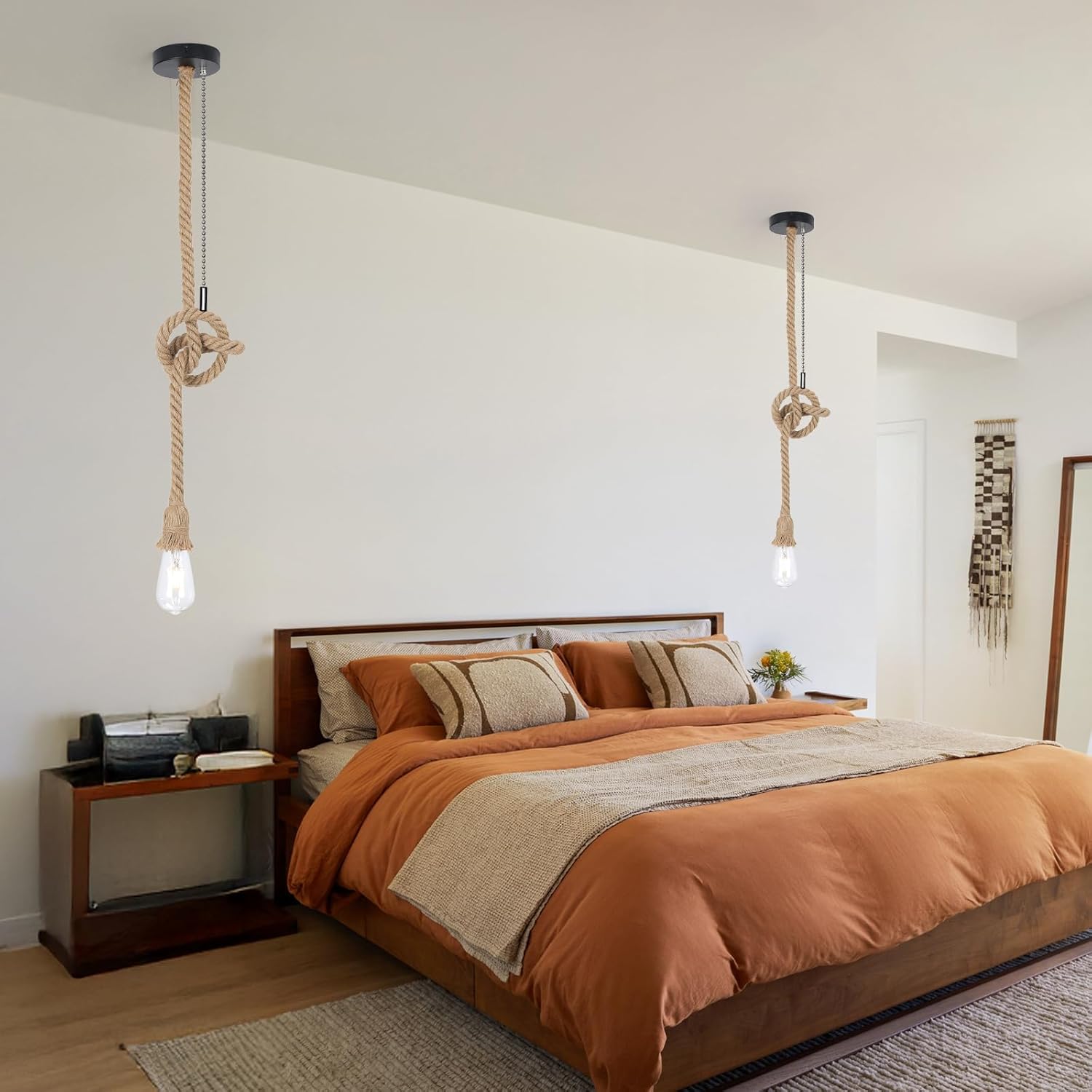 KEESFU 2-Pack Black Hemp Rope Pendant Light, Rustic Ceiling Light with Pull Chain & Adjustable Height, Vintage Boho Hanging Light for Kitchen Island, Hallway, Bedroom E26 Base（No Bulbs）