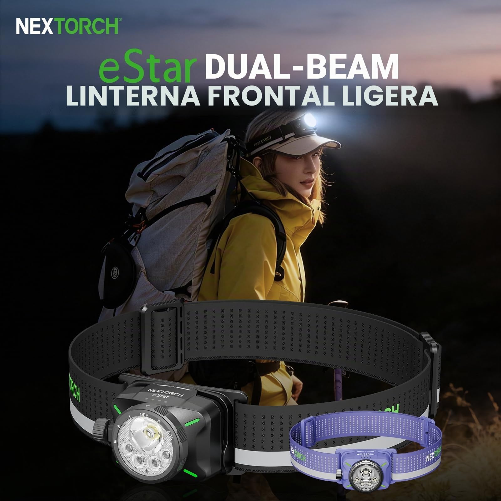 NEXTORCH Linterna frontal recargable Estar, linterna frontal potente de 1 200 lúmenes con luces rojas, haz ajustable (focalizado o amplio), linterna frontal ligera (Negro 1300lm)