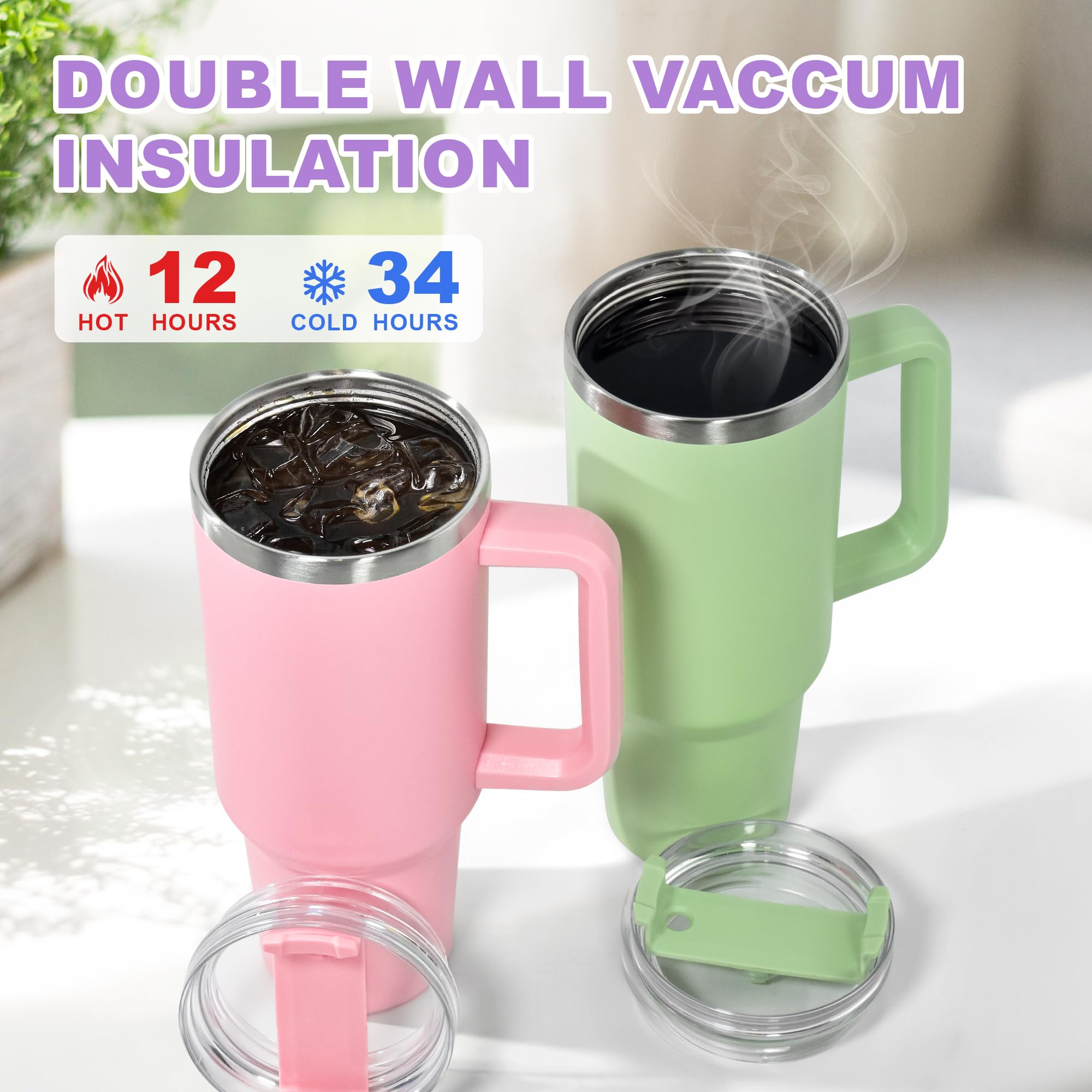 FECBK 40oz Tumbler with Straw and Lid 1.2L, 100% Leak-Proof Travel Mug with Handle, Stainless Steel Vacuum Insulated Water Bottle Keeps Cold for 34H / Hot 12H, Dishwasher Safe, Lavender - Image 2