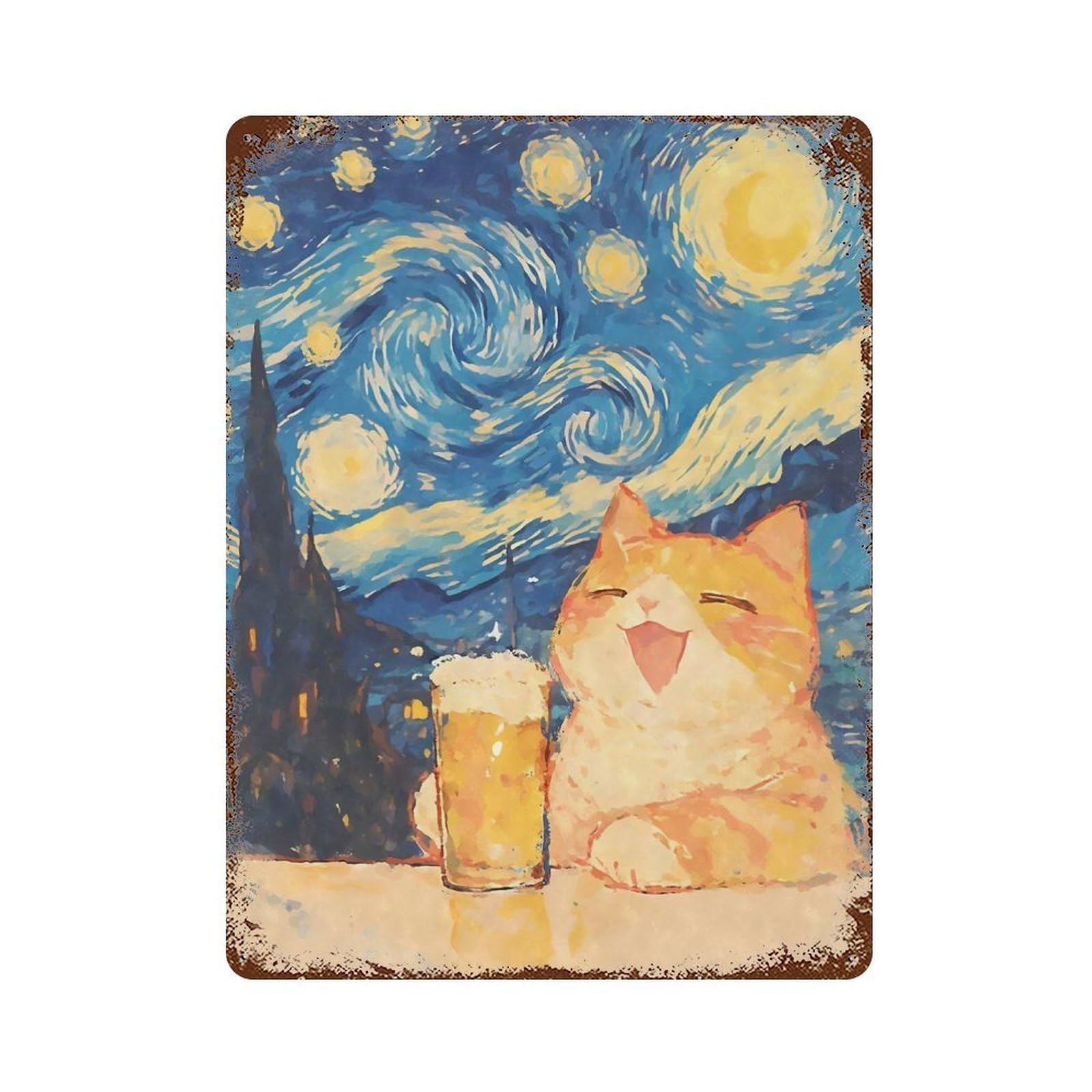 Orange Cat Beer Starry Night 15.7"x11.8" Rusty Metal Tin Sign, Shabby Chic Decor for Bistro, Counter And Cafe Decor