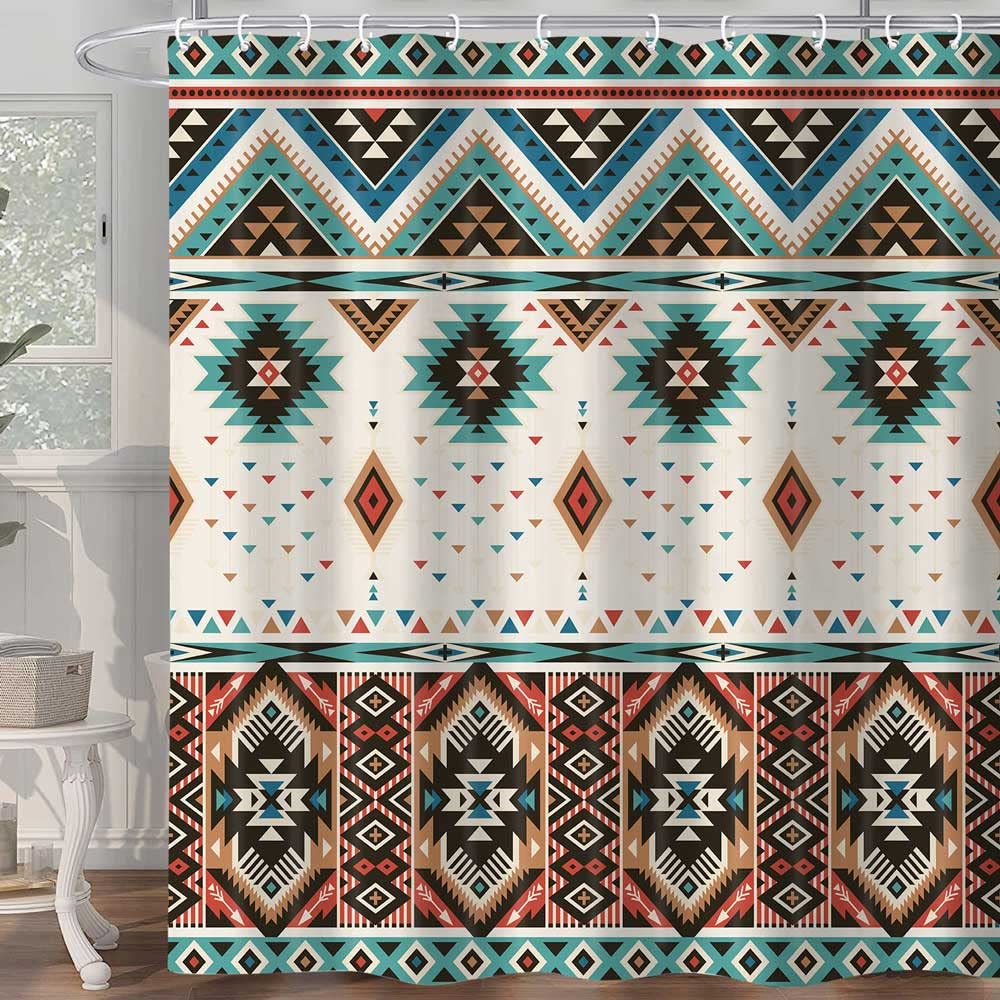 Aztec Shower Curtain,Southwestern Native Tribal Navajo American Ethnic Pattern Western Boho Fabric Bath Curtains, Triangular Geometric Vintage Fabric