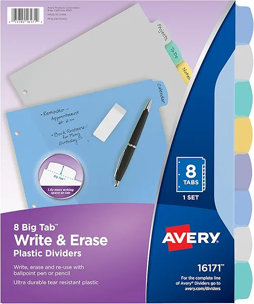 Avery Big Tab Write & Erase Durable Plastic Dividers for 3 Ring Binders, 8-Tab Sets, Pastel Multicolor, 24 Sets, 192 Divider Tabs (16171)