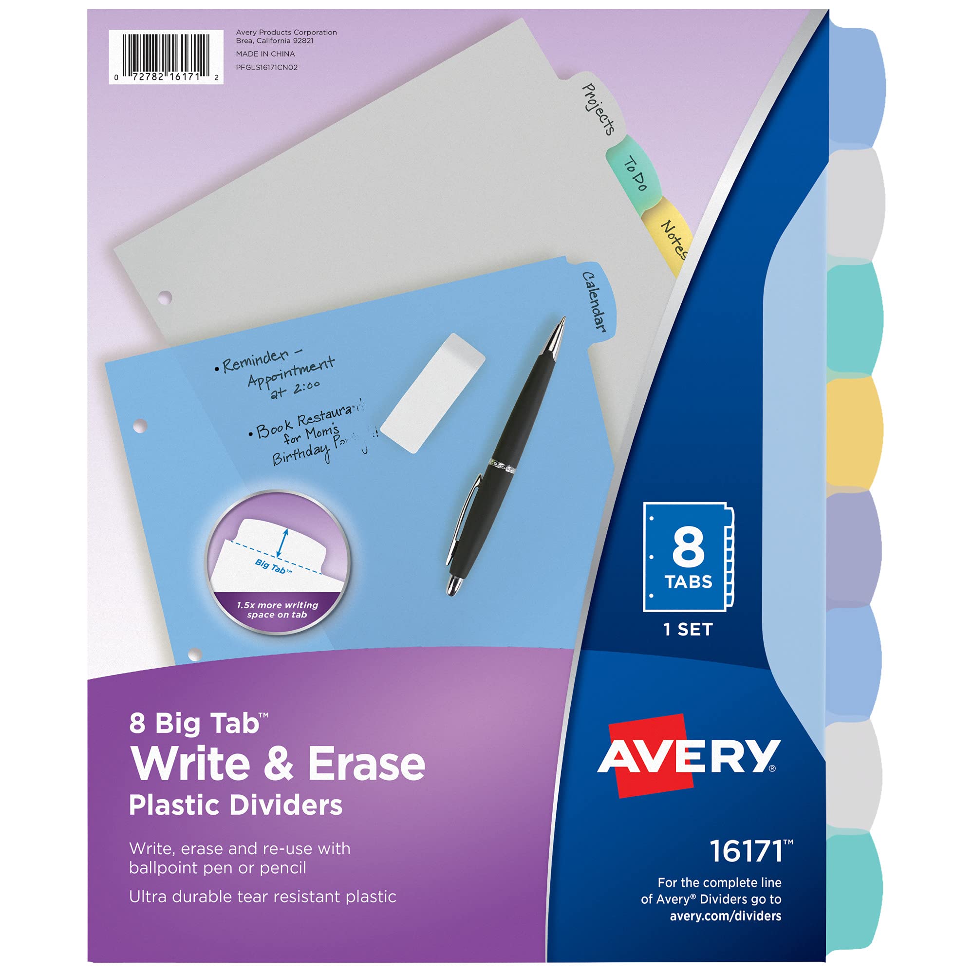 Avery Big Tab 16171 - Divisori in plastica resistente per raccoglitori a 3 anelli, set da 8 schede, multicolore pastello, 24 set, 192 linguette divisori