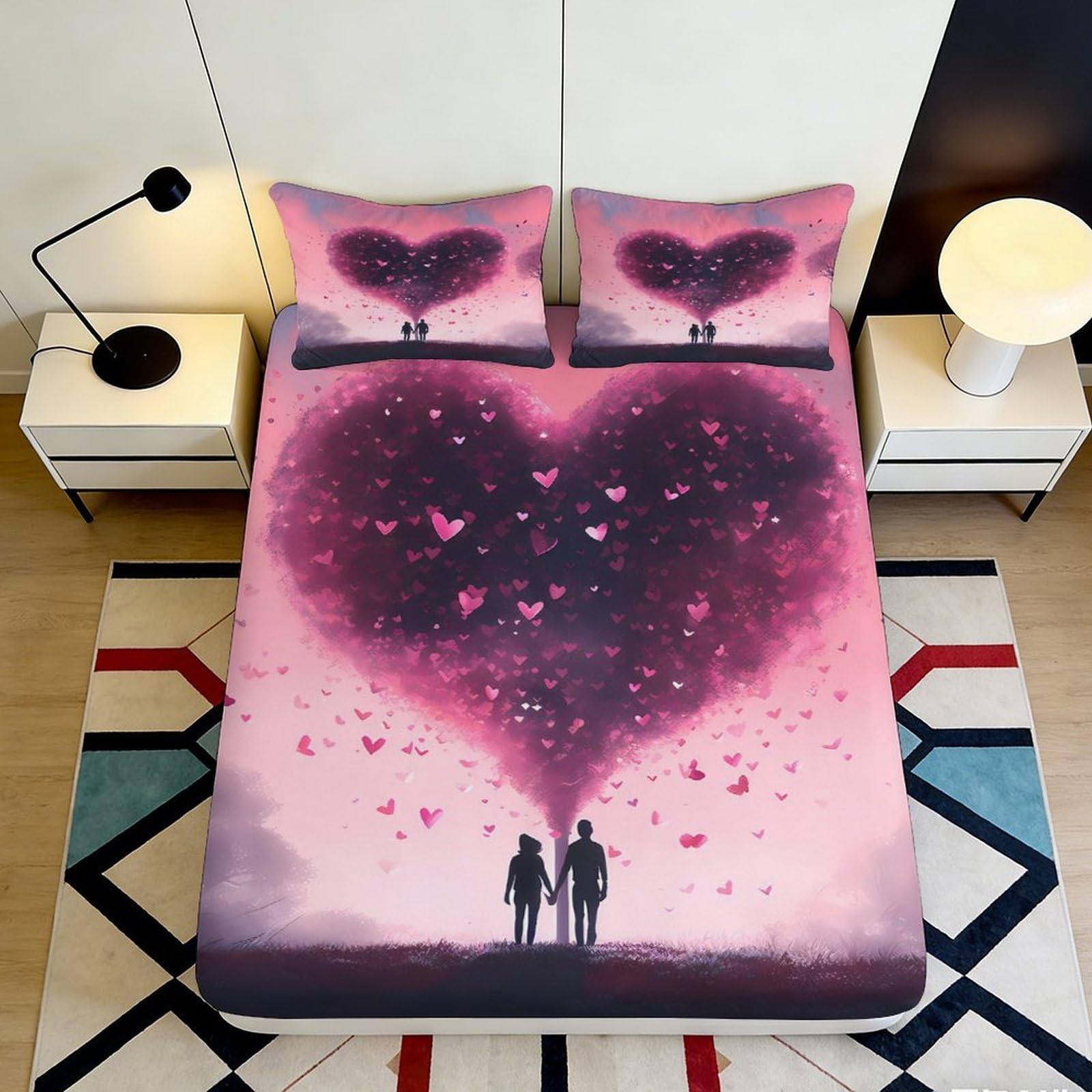 3D Printed Romantic Heart Fitted Sheet Microfiber Soft Breathable Couple Silhouette Bed Cover for Bedroom Dormitory Guest Room Mattress Protection 120x200x25cm