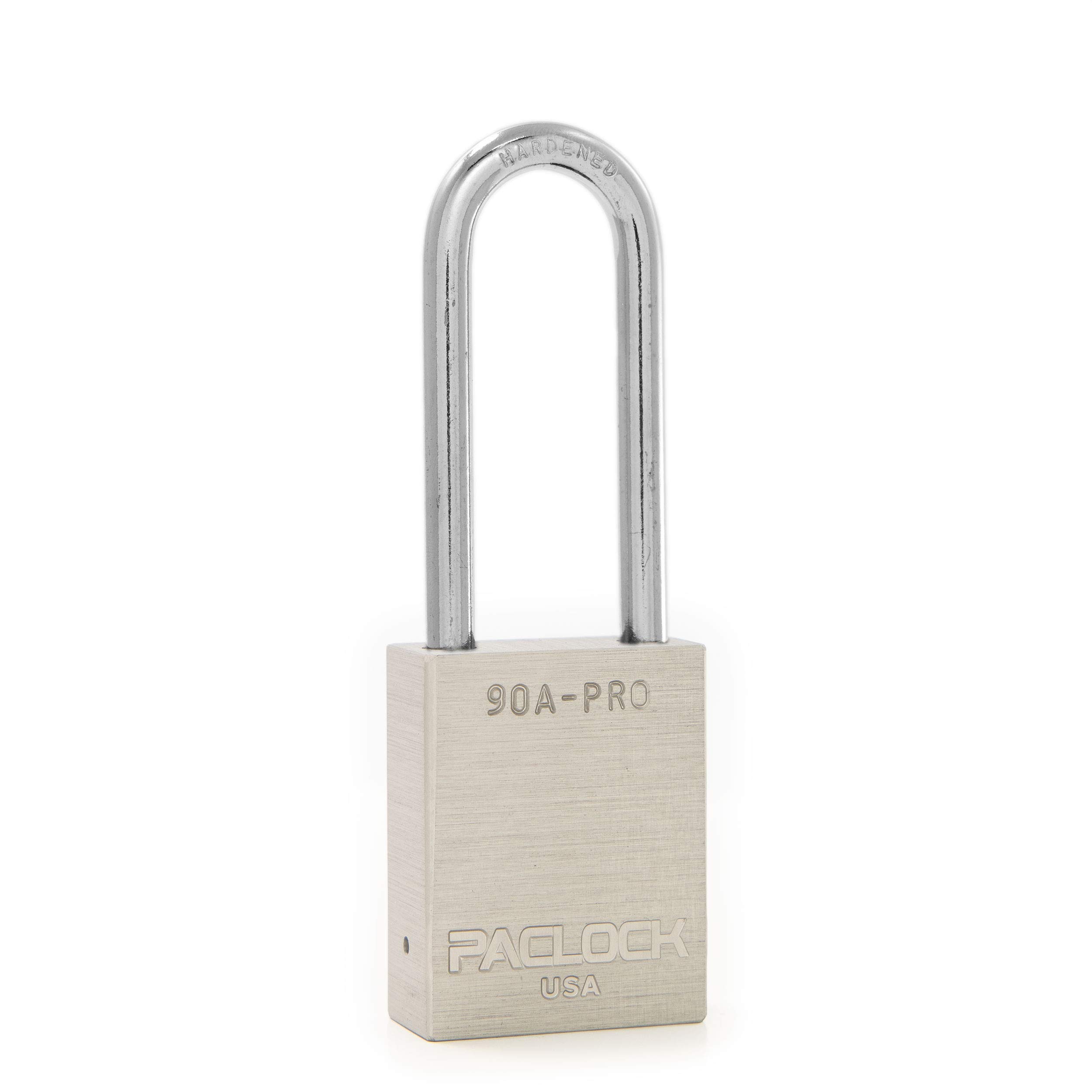 PACLOCK's 90A-PRO Padlock, 1/4" Diameter Hard. Steel Shackle, 2-1/2" Tall, High Performance 7-Pin Cylinder w/ 1 Key, Keyed Alike, Silver