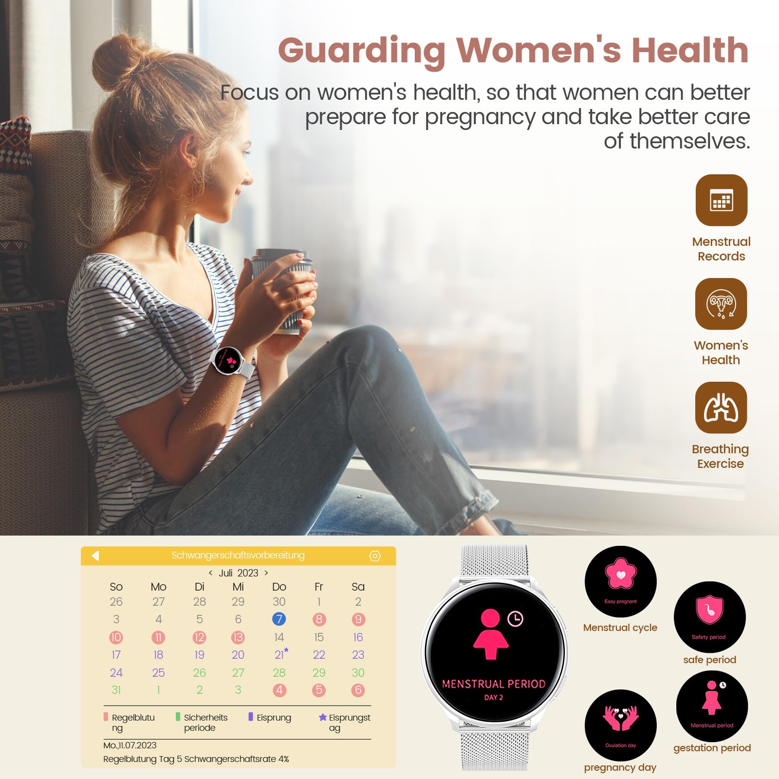 RifePhi Smartwatch Donna- 1,39'' Chiamate Bluetooth Musica Orologio Sportive Contapassi Sportive 24H Sonno Cardiofrequenzimetro SpO2 Tracker Ciclo Mestruale Controllo Sonno per Android iOS