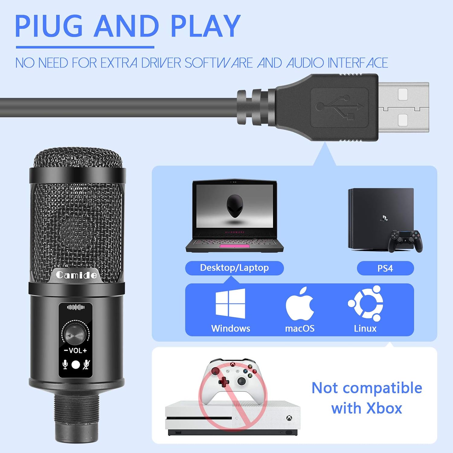 Camide USB Microphone Kit, 192KHZ/24Bit Studio Condenser Computer PC Microphone Kit with Adjustable Scissor Arm Stand Shock Mount, Recording Microphone for PC Gaming Streaming Podcasting (Black2)