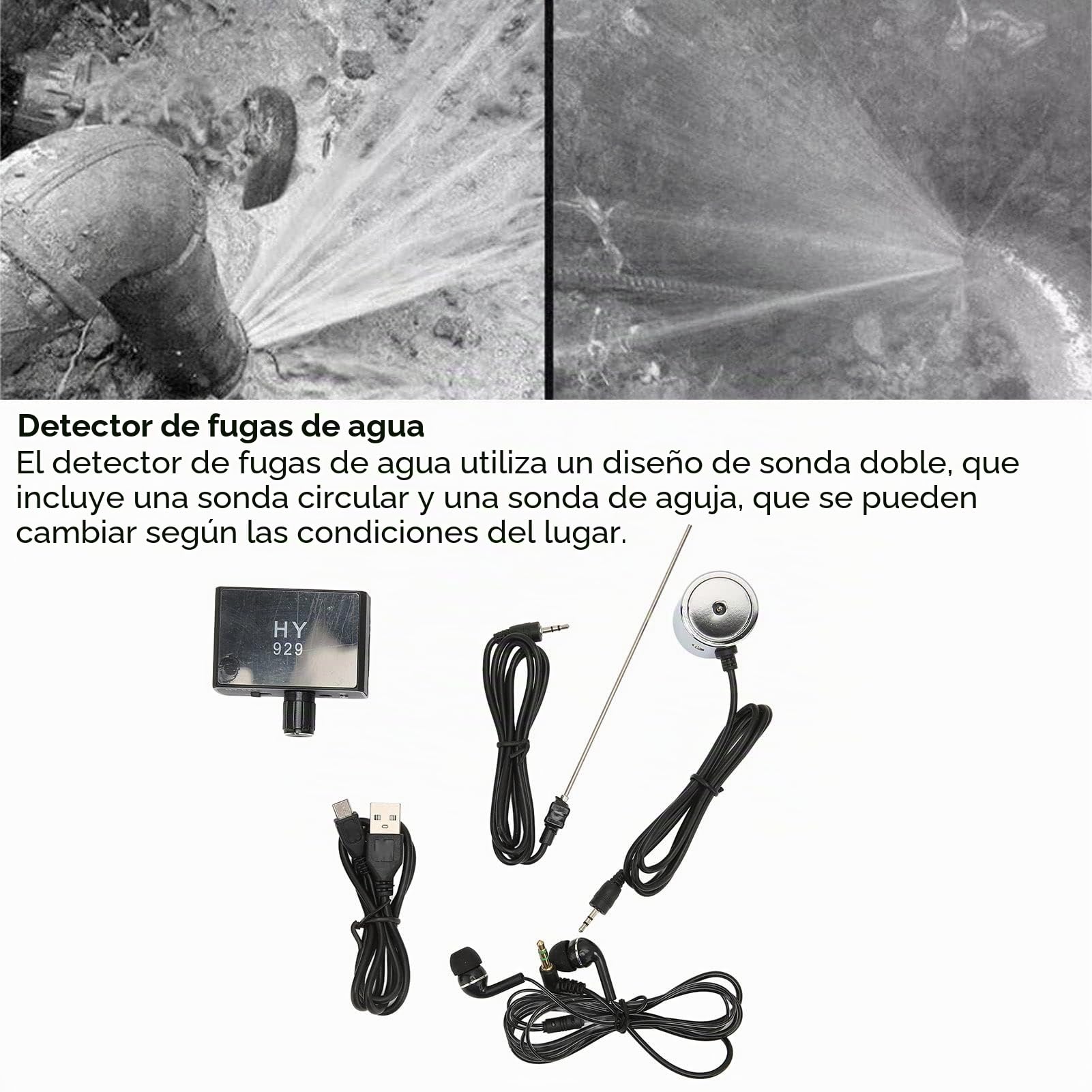 Fockety Detector de Fugas de Agua, Detección de Fugas de Agua a Batería con Sondas Duales Y Auriculares, Detector de Fugas de Tuberías de Agua Subterránea de Alta Resistencia para Interiores Y(#2)