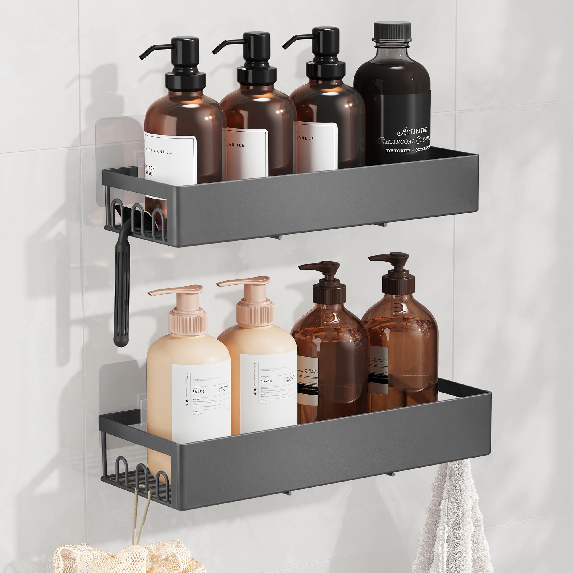 SONGMICS Shower Caddy, 2 Pack Steel Bathroom Shelves, No Drilling Shower Shelf, Self Adhesive Bathroom Storage Organiser, 31.5 x 12.5 x 5 cm, Wall Mounted Shower Rack, Dark Carbon Grey BCB201G101