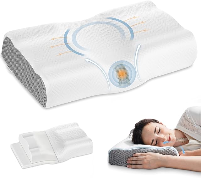 Elviros Cervical Memory Foam Pillow for Sleeping, Adjustable Orthopedic Contour Neck Support Pillows for Pain Relief, Ergonomic Bed Pillow for Back, Side, Stomach Sleepers (White)