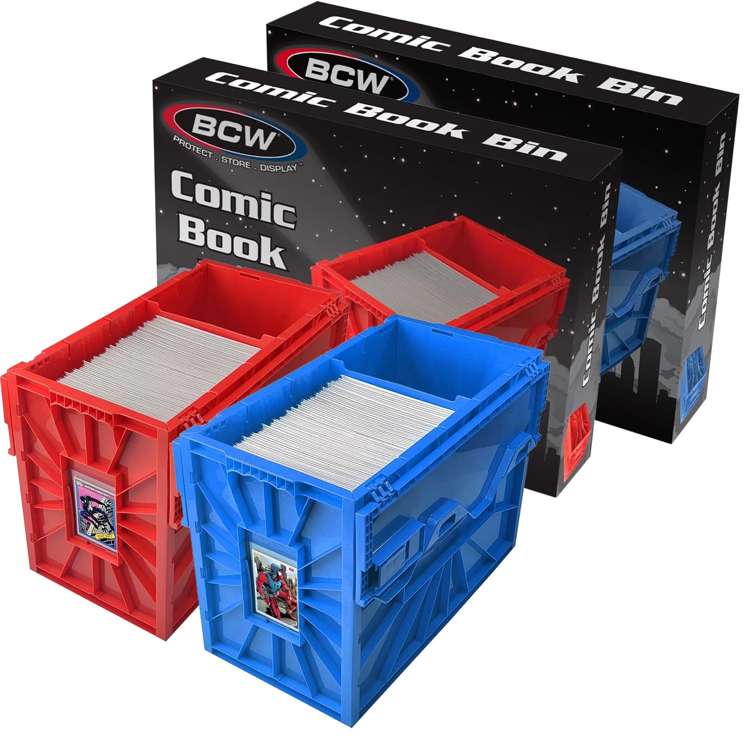 BCW Red & Blue Short Comic Bin Set | Plastic Comic Book Box Storage | Color-Coded Organization for Comics