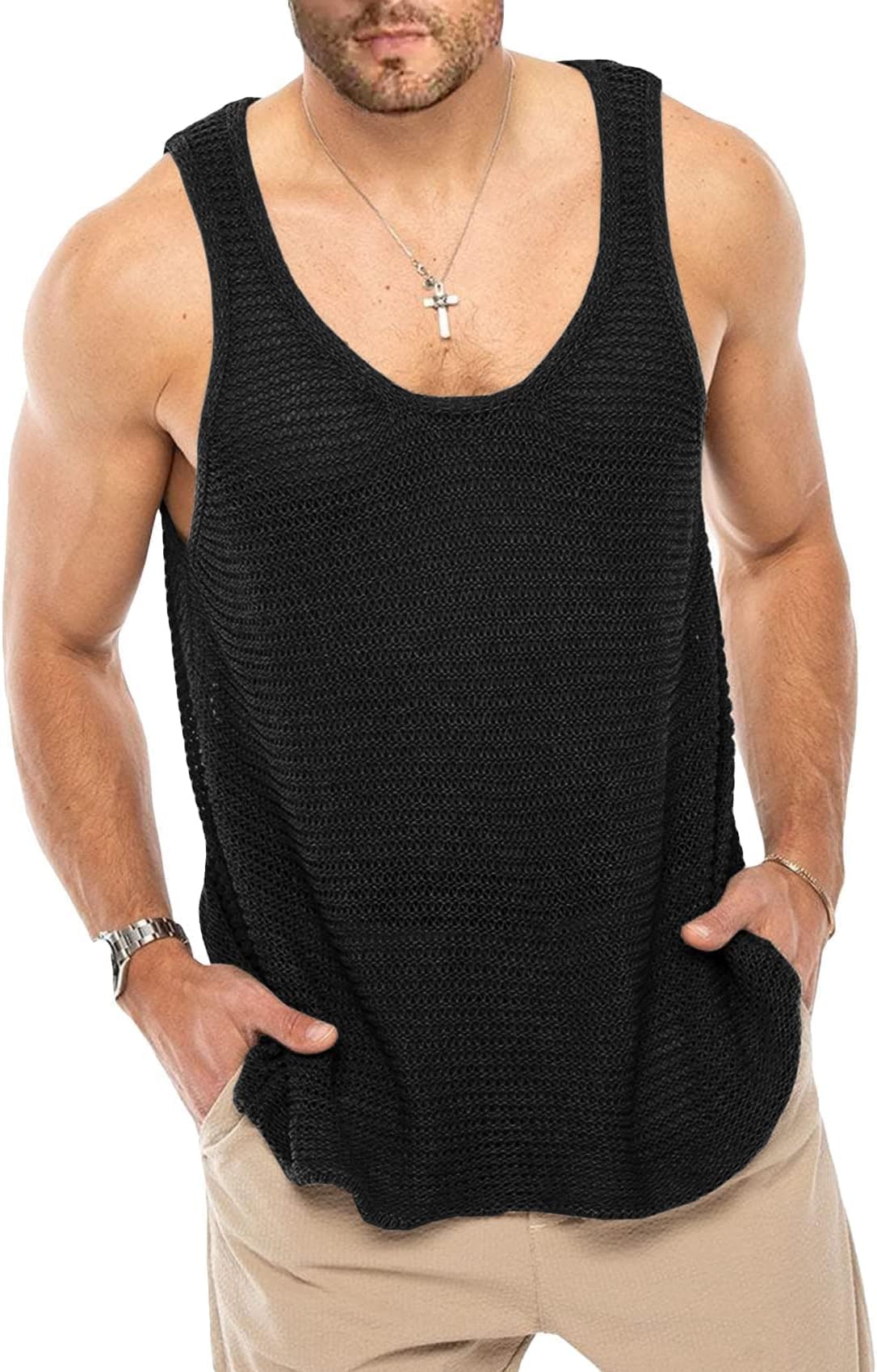 Lanliun See Through Sleeveless Tank Tops for Men Casual Unique Workout Outdoor T Shirts Gym Muscle Shirts: Medium Black