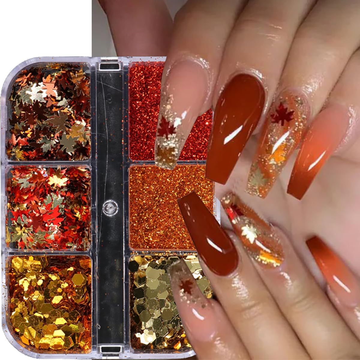 Fall Nail Art, Fall Leaves Nail Glitters 3D Gold Maple Leaf Nail Sequins with Glitter Powder Gold Yellow Red Autumn Leaves Nail Art Flakes Thanksgiving Nails Design for Acrylic Nails 6 Boxes