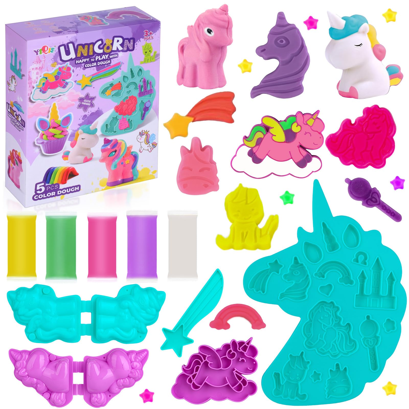 Unicorn Play Dough Sets for Kids Ages 2-4, Play Color Dough Ice Cream Tool Kit with Clay Molds and Tools, Arts and Crafts Playdough Accessories Birthday Christmas Gifts