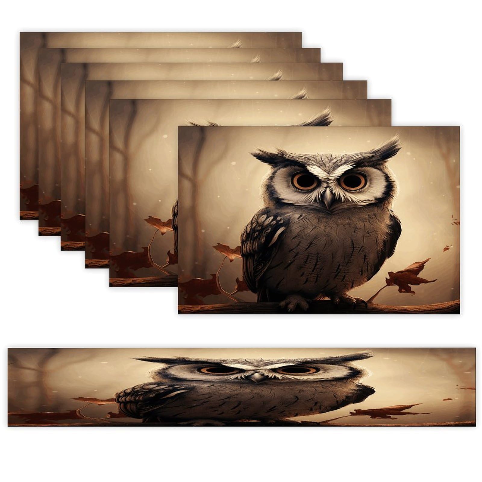 Cute Owl Table Runner and Placemats of 6 Washable Heat Resistant Place Mats with Table Runner Vintage Holiday Table Mat Set for Holiday Party Kitchen Dining Deco