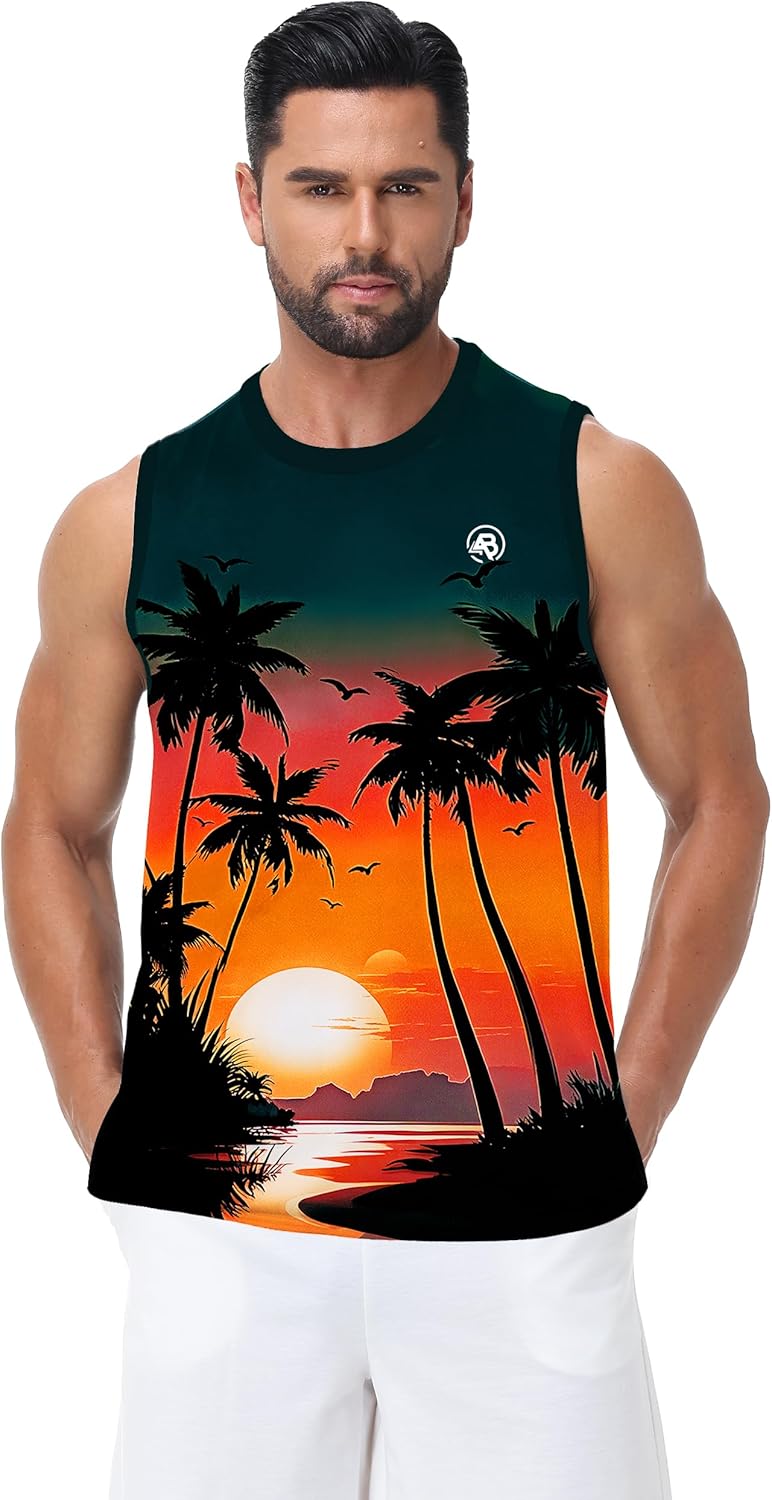 AOBUTE Mens Graphic Tank Tops Palm Tree Sleeveless Muscle Shirts Beach Hawaiian Tank - Image 5
