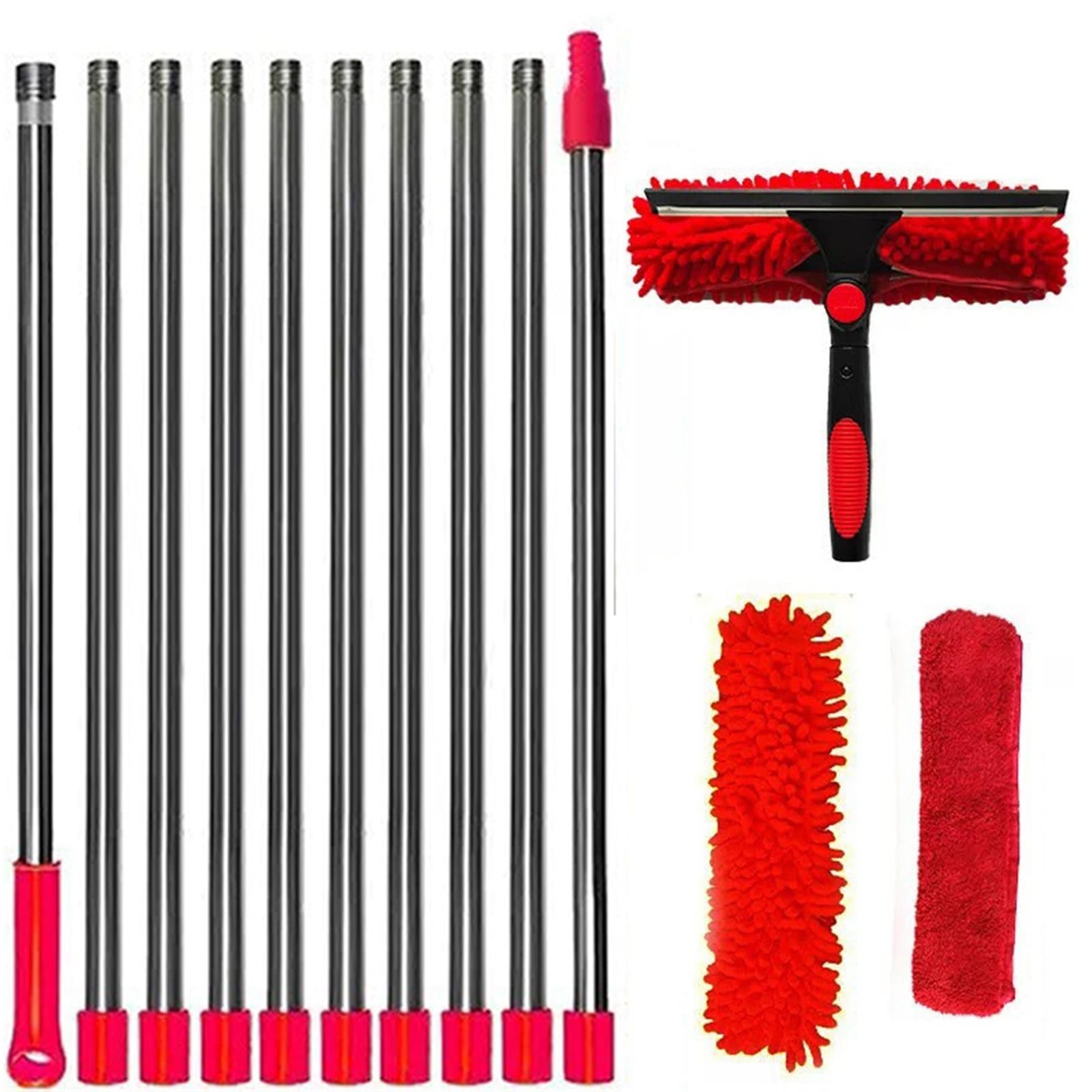 Duschabzieher Für Glastüren 100–420 cm erweitertes Fensterreinigungsset, 2-in-1, doppelseitiger Glaswischer, Reiniger, Staubwedel, Mopp, 180° schwenkbare Werkzeuge(Red)