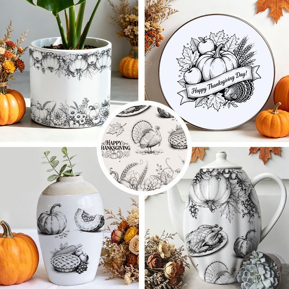 SUPERDANT 4Pcs Thanksgiving Day Underglaze Transfer Paper Pumpkin Acorn Turkey Ceramic Decals for Cups Plates Vases Pottery Clay Studio Use Handmade Gift