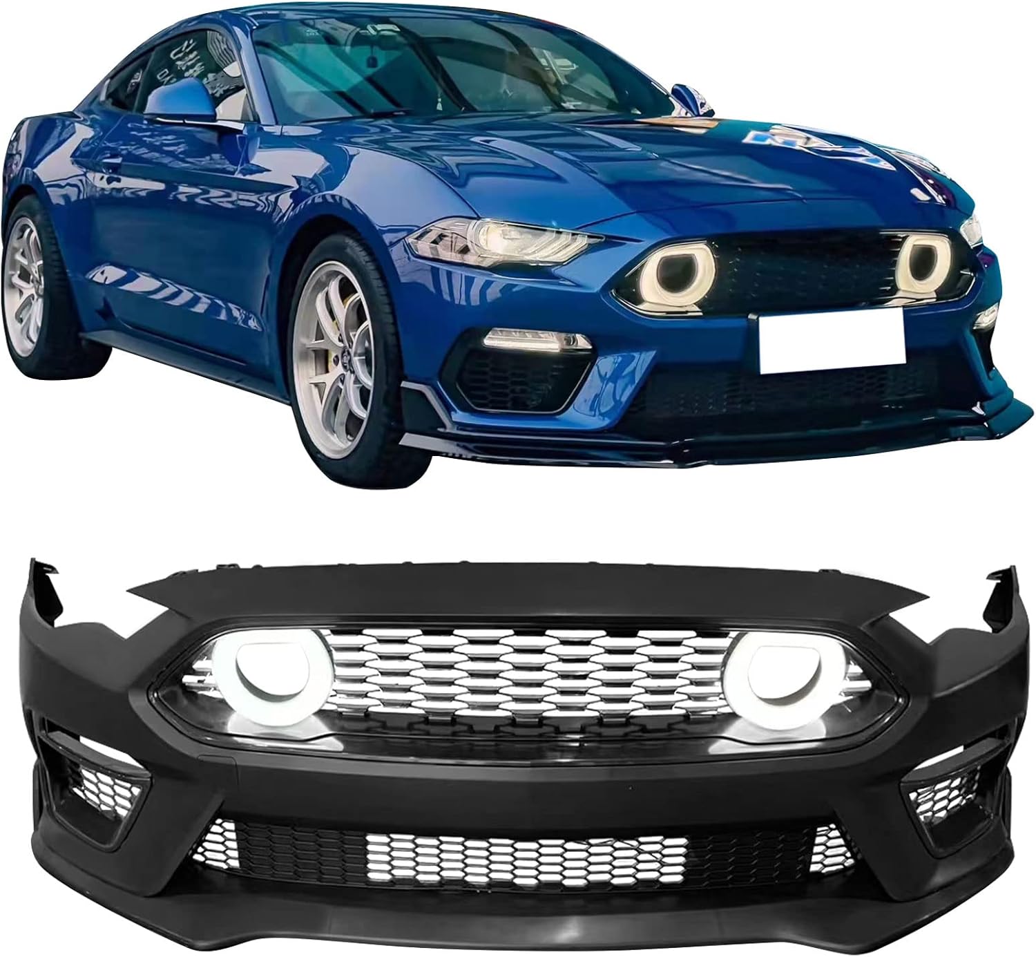 IKON MOTORSPRTS, Front Bumper Cover Compatible With 2018-2023 Ford Mustang, Unpainted 2021 Mach-1 Style PP Front Bumper Conversion Replacement Lip & Grille & Fog Light Cover, 2019 2020 2021 2022