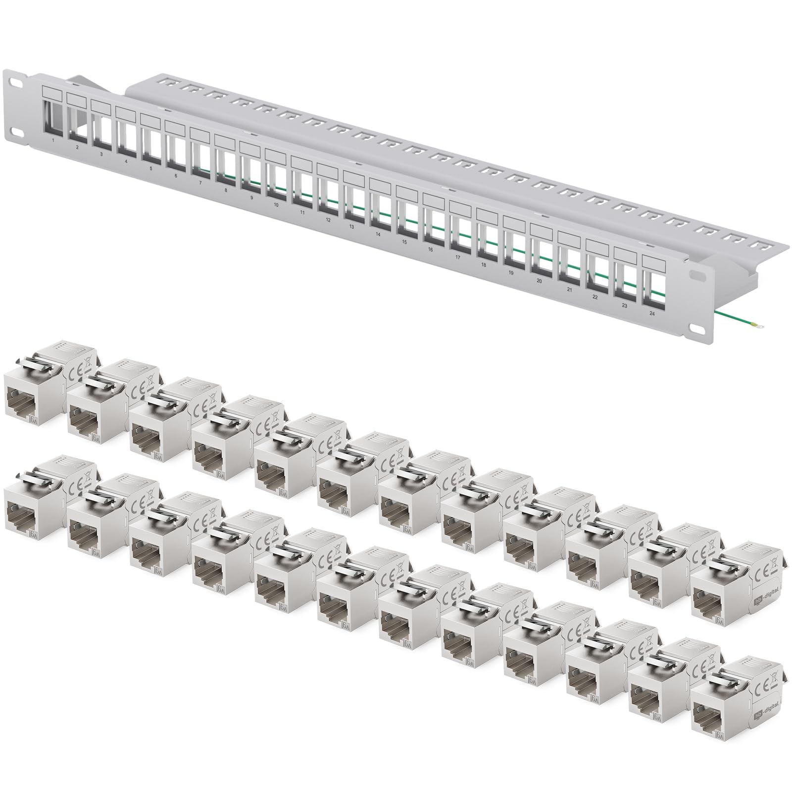 hb-digital Panneau de brassage réseau 24 ports 1U + 24 modules Keystone CAT 6a RJ 45 femelle pour montage mural compatible avec câble de pose CAT 6 CAT 6a Ethernet LAN DSL gris clair