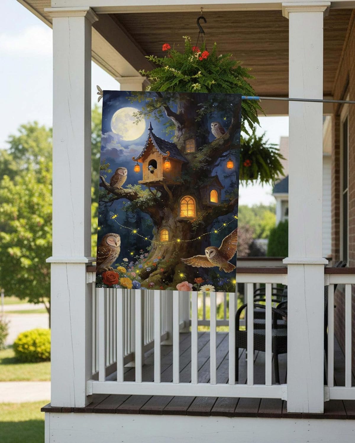Mysterious Tree Birds Owls Lantern House in Forest Fantastic Fairy House Flag 28" x 40" Double Sided, Polyester Welcome Yard Garden Flag Banners for Patio Lawn Outdoor Home Decor