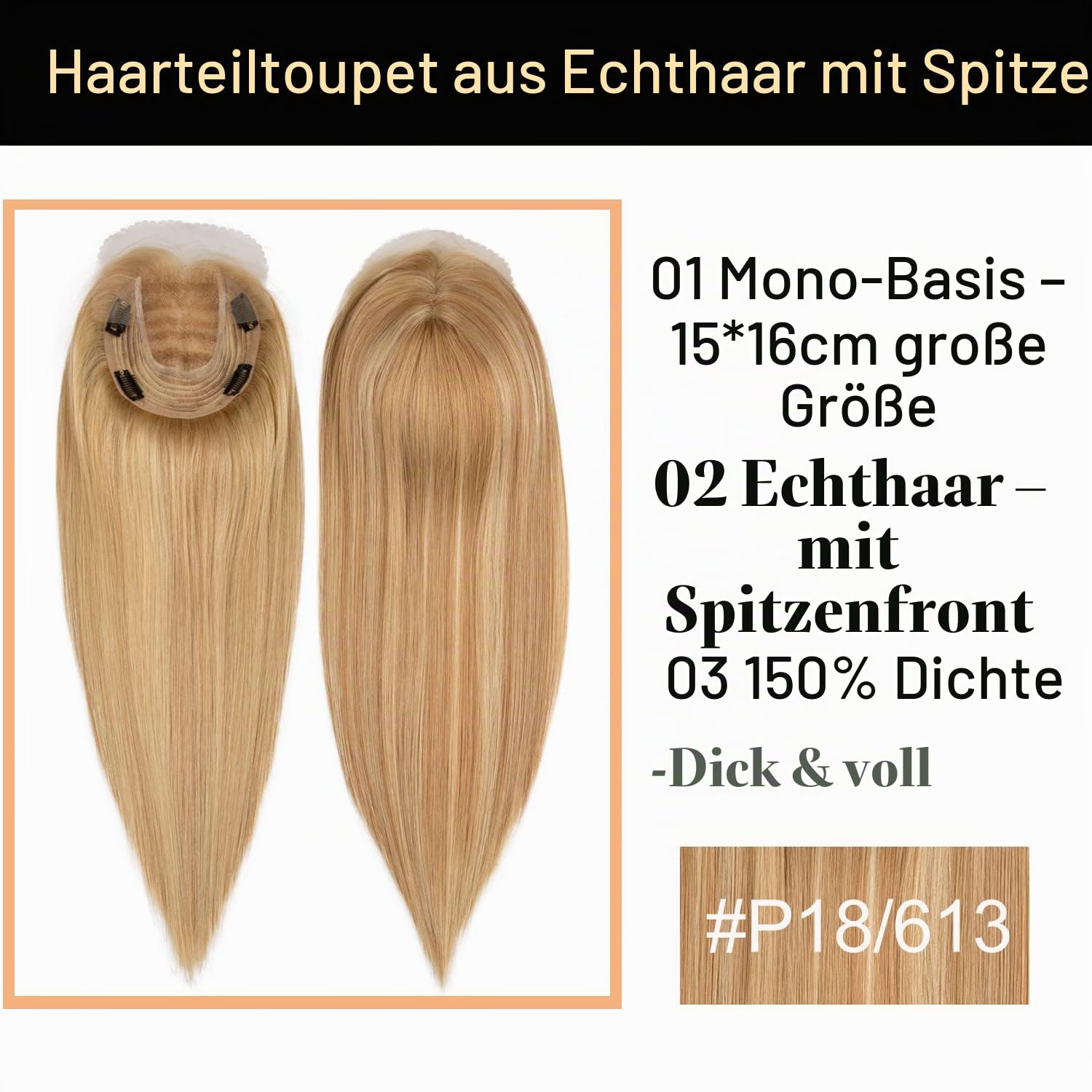 Originea Echthaar Topper Für Frauen Dünner Werdendes Haar 150% Dichte Clip in Topper Echthaar Extensions 14x15cm Mono Basis Handgefertigt Toupet mit Spitzenfront 40cm-80g #P18/613