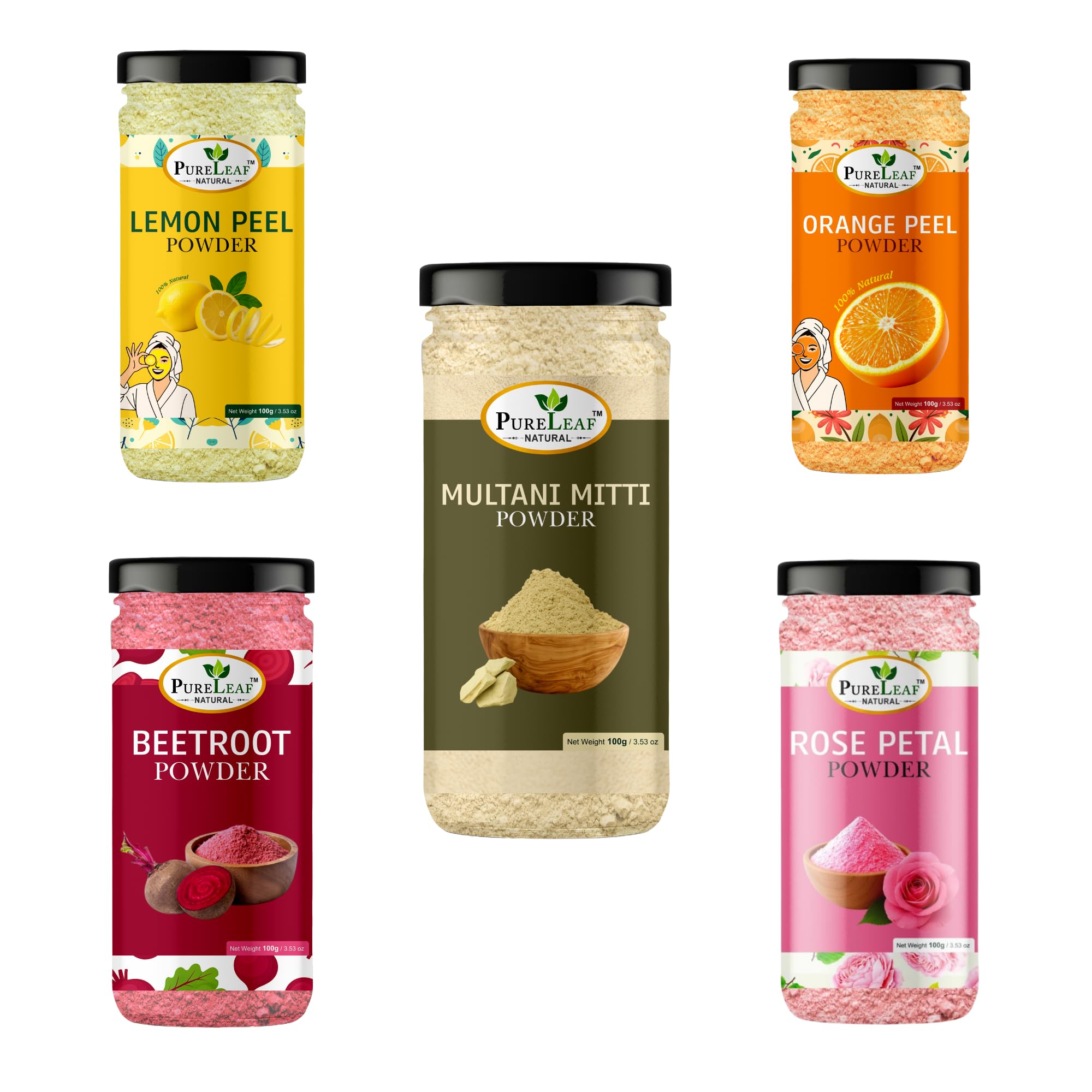 Beetroot, Orange Peel, Lemon Peel, Multani Mitti & Rose Petal Powder Combo | 100% Pure Herbal Skin Care Pack | Face Glow, Tan Removal, Pigmentation & Brightening Powder Combo (5 x 100g)