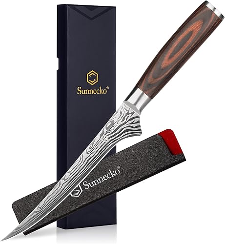 Sunnecko Cuchillo deshuesador para cortar carne, cuchillo de filete de 6 pulgadas con funda, cuchillo de pesca de acero inoxidable de alto carbono,