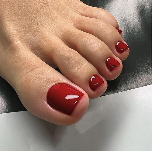 Solid Color Wine Red Press on Toenails for Women, Glossy