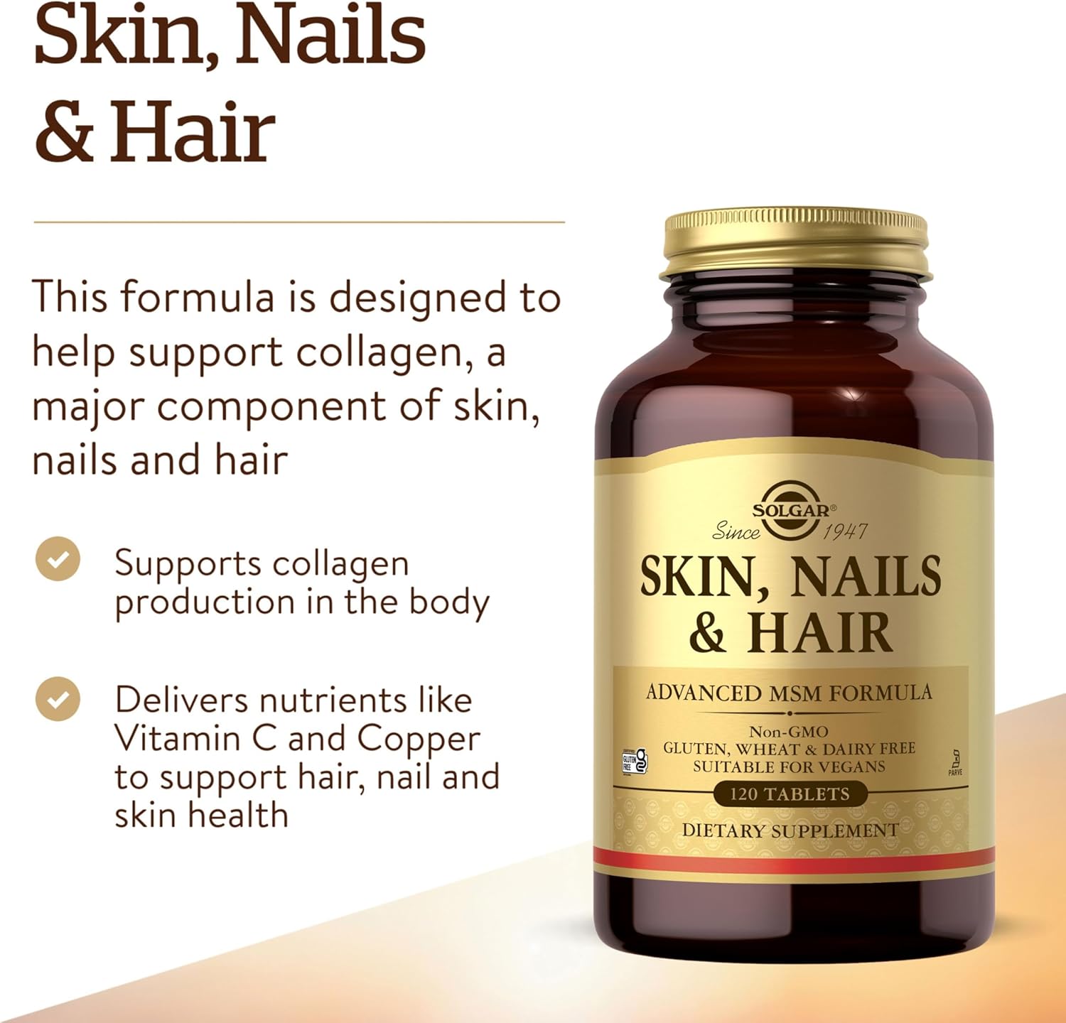Solgar Skin, Nails & Hair, Advanced MSM Formula, 120 Tablets - Supports Collagen for Hair, Nail and Skin Health - Provides Zinc, Vitamin C & Copper - Non GMO, Vegan, Gluten & Dairy Free - 60 Servings - Image 3