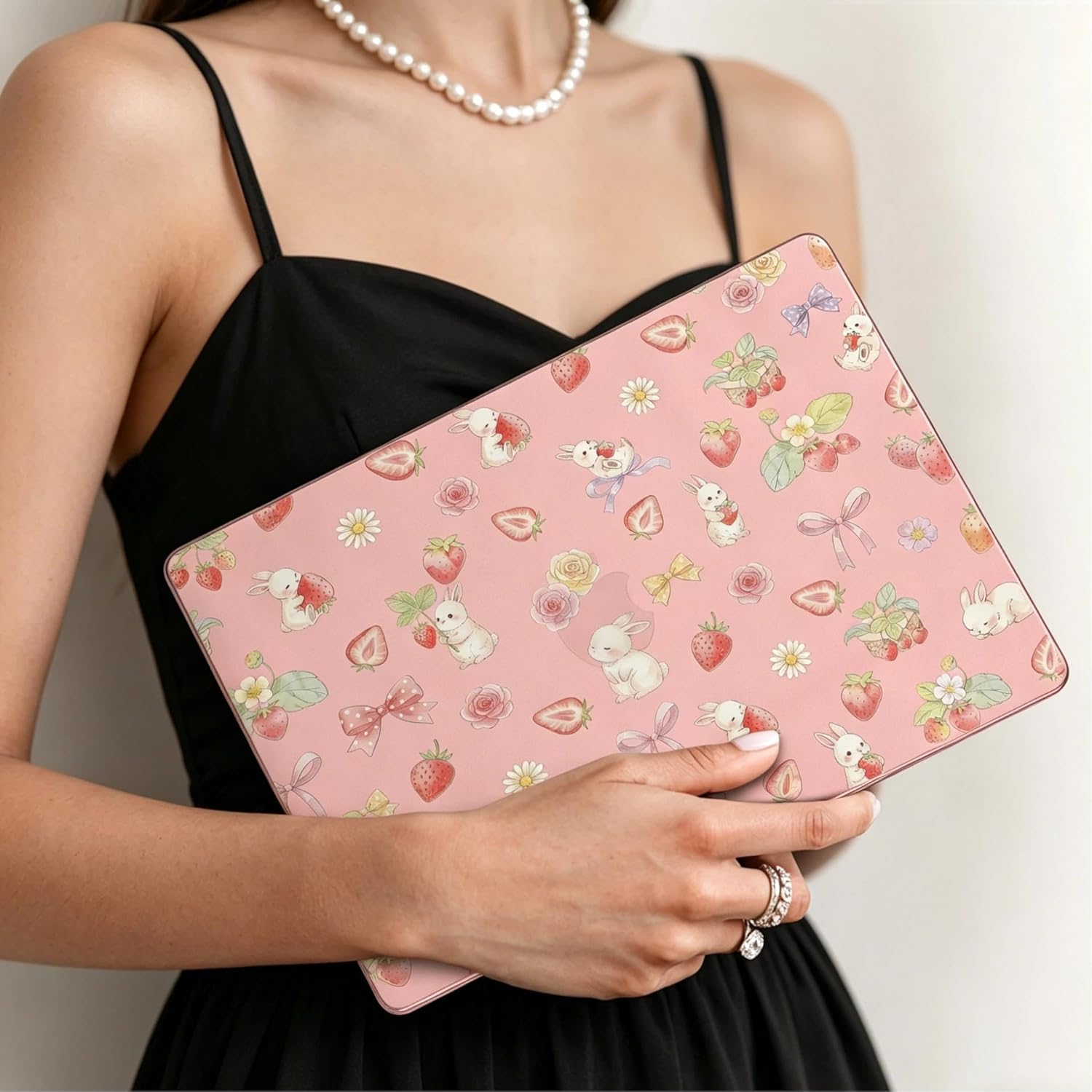 Cute Pink Strawberry Rabbit Case for MacBook Air 13 Inch Lovely Print Plastic Hard Shell Fit Model M4 A3240 M3 A3113 M2 A2681 Kawaii Laptop Cover for MacBook Air 13.6" Girls Women Slim Protect Case