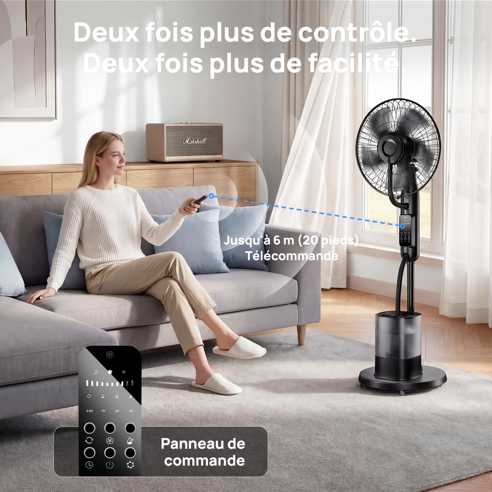NebulaFlow Ventilateur Brumisateur, 2026 Amélioré Réservoir 4L, 7,5H Ventilateur sur pied, Minuterie, 5 vitesses 3 modes, Ventilateur oscillant avec télécommande pour maison, chambre, bureau, terrasse